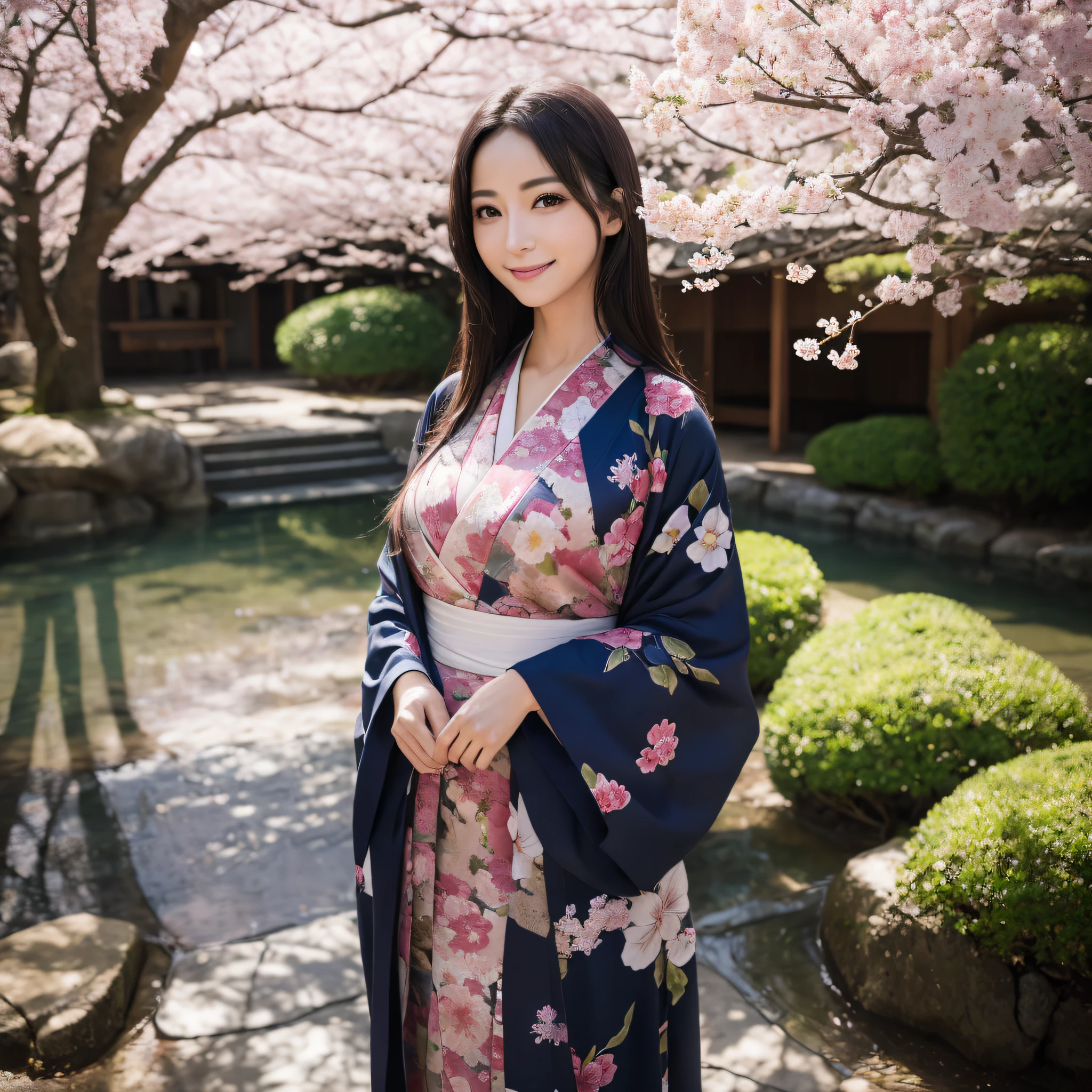 (Super beautiful woman in kimono)、((best qualtiy、8k masterpieces:1.3))、foco nítido:1.2、(ultra beautiful faces:1.0)、(shinny skin:1.0)、photos realistic、A dark-haired、Video Lighting、High-definition eyes and face、Video Lighting、Japanese actressl、from the front side、medium breasts、With a happy smile、Slender Abs Beauty、Whole body、wearing kimonos、Under the cherry trees