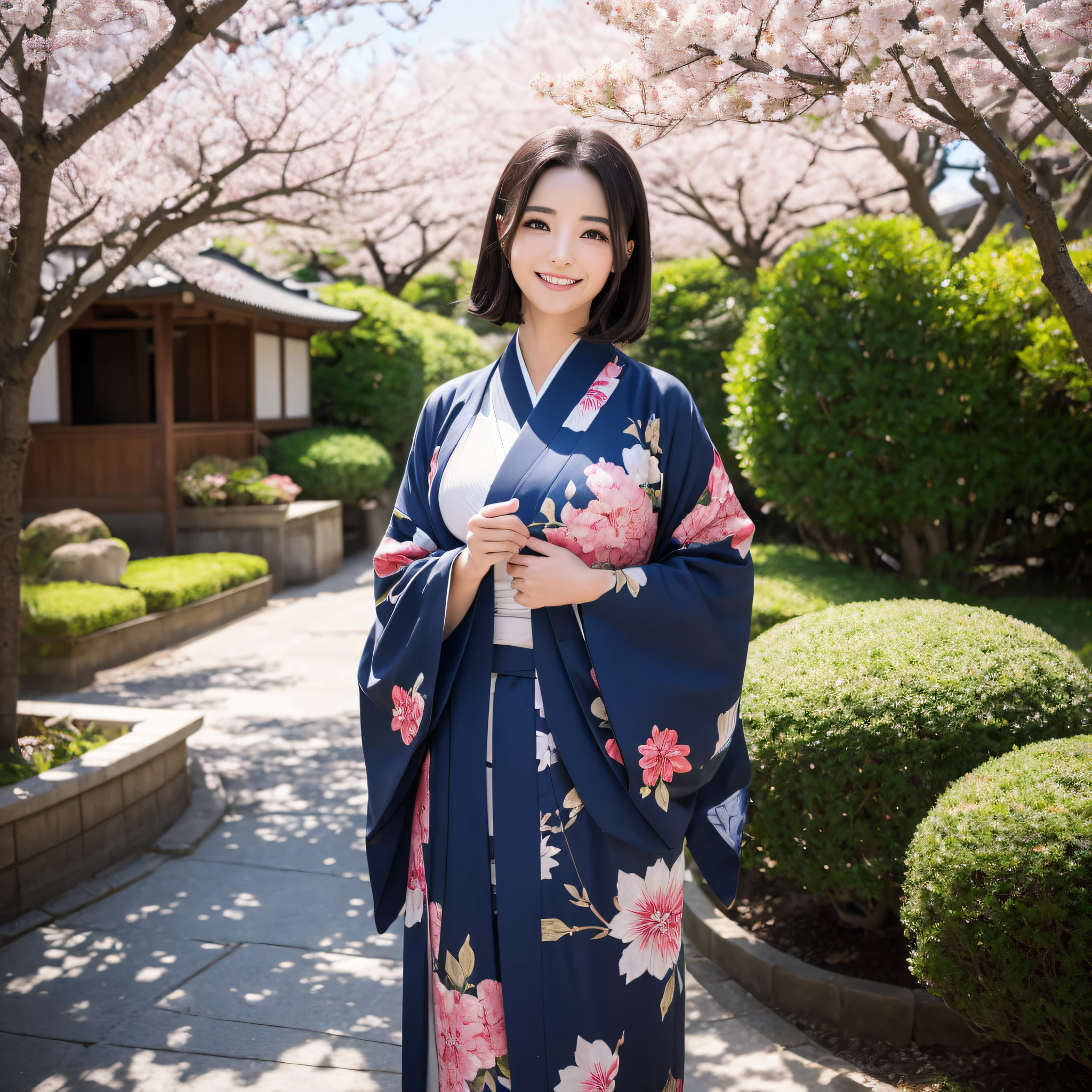 (Super beautiful woman in kimono)、((best qualtiy、8k masterpieces:1.3))、foco nítido:1.2、(ultra beautiful faces:1.0)、(shinny skin:1.0)、photos realistic、A dark-haired、Video Lighting、High-definition eyes and face、Video Lighting、Japanese actressl、from the front side、medium breasts、With a happy smile、Slender Abs Beauty、Whole body、wearing kimonos、Under the cherry trees