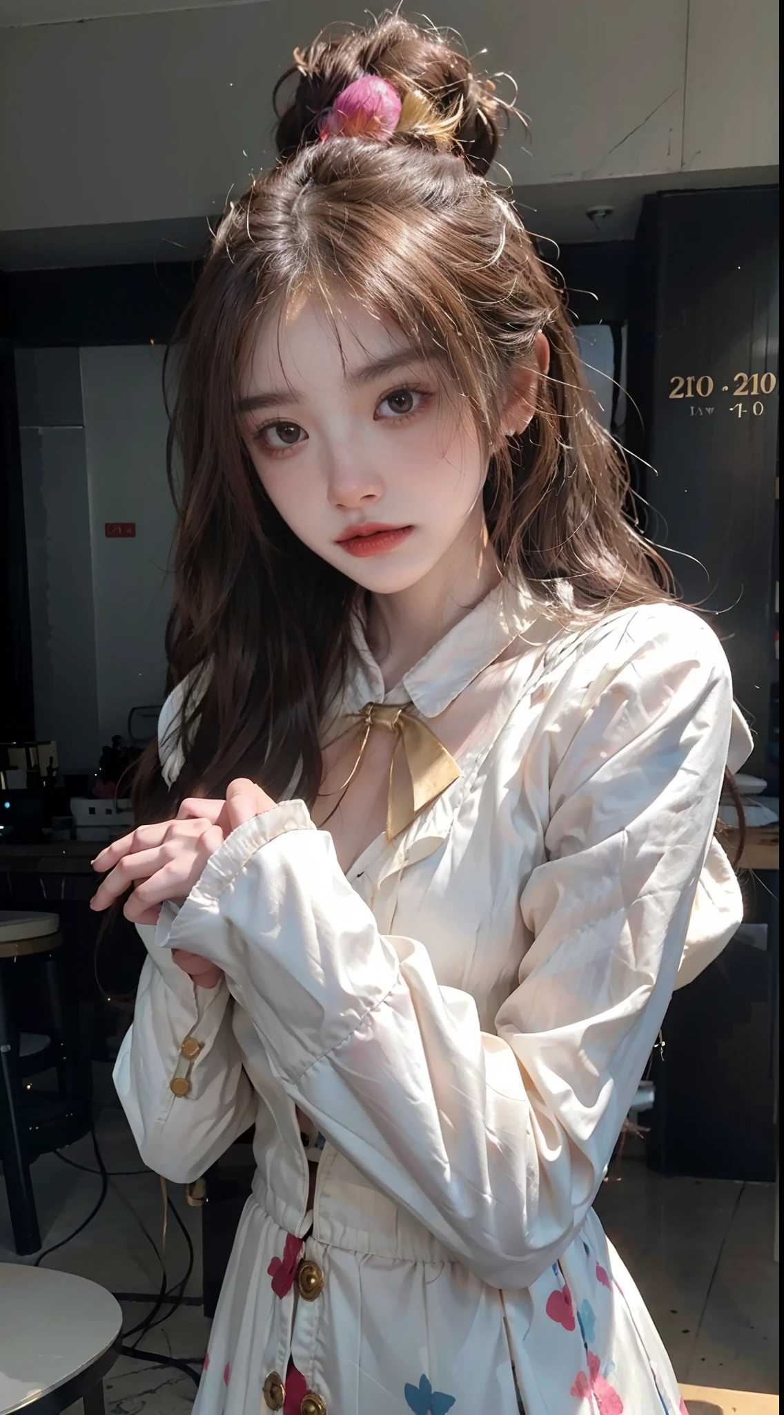 NFFSW,NFFSW,8K, Best quality, masutepiece, Highly detailed, Studio lighting, Physically-based rendering, 1girl in, Solo,
jocker. Colorful, Clown hat and flowers, Clown costume, mitts, The heart is drawn on the face, dark gold hair,(Sad), White face, Wavy hair, hair-bun,
(Upper body) full bodyesbian,