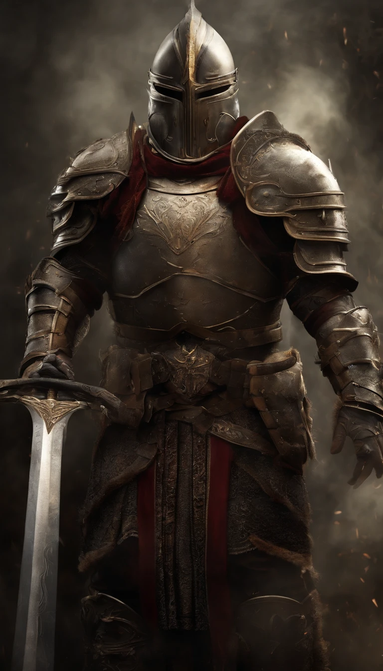 A man in armor stands in the hall with a sword, full portrait of magical knight, ares with heavy armor and sword, Fantasy warrior in full armor, paladin golden armor,Giant horned helmet,for honor charector concept art, knight armored in red, Epic Paladin armor, holy crusader medieval knight,fully body photo