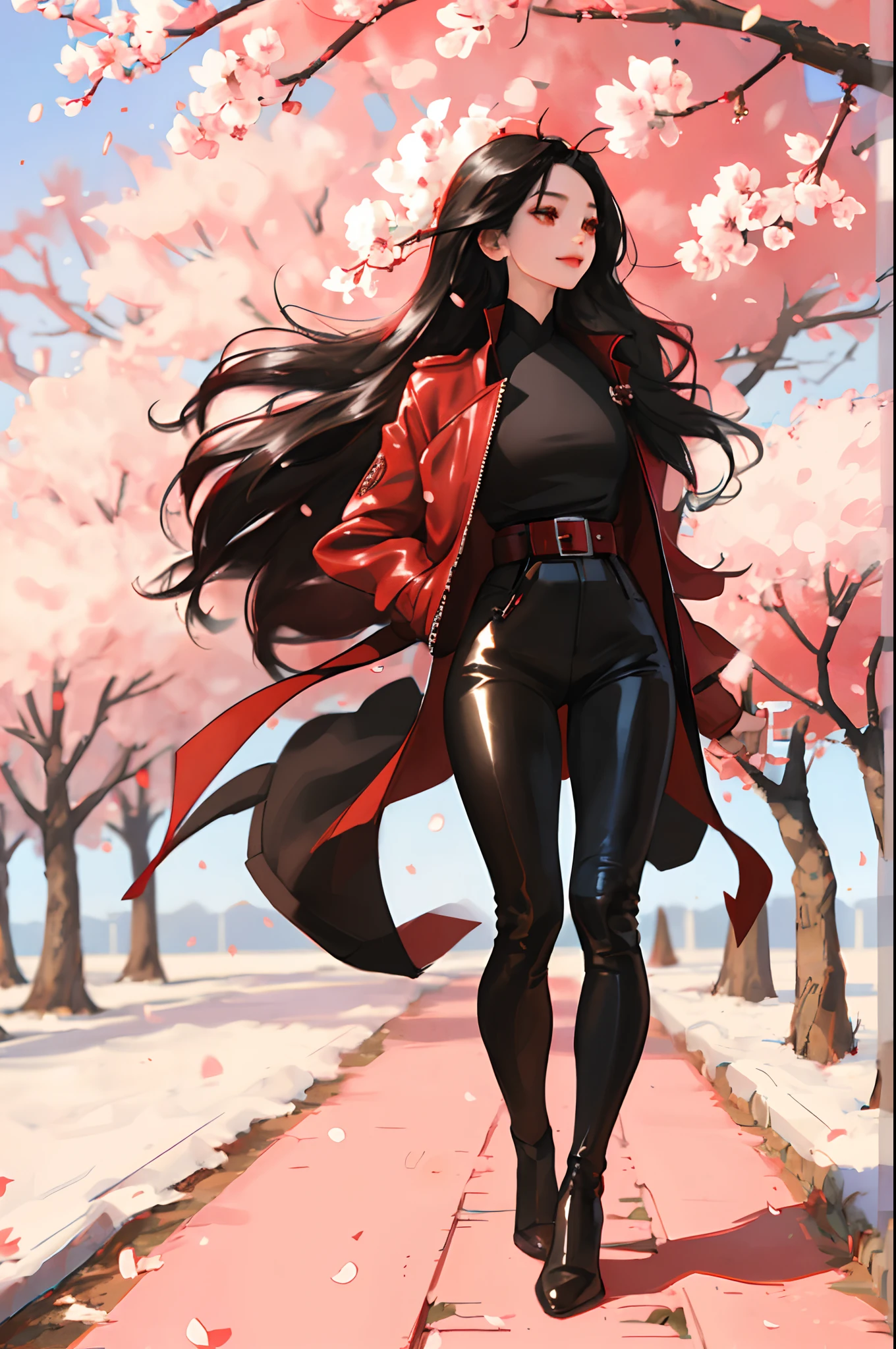 Samyang、
1girl in, , red eyes, Red highlights on black hair, sharp eye,blurry backround, cherry trees, ssmile, look up to, Long straight hair, profile, Intricately decorated red leather jacket, Tight leather pants,cross belt,独奏,Full body projection, Sakura blizzard
、((masterpiece))