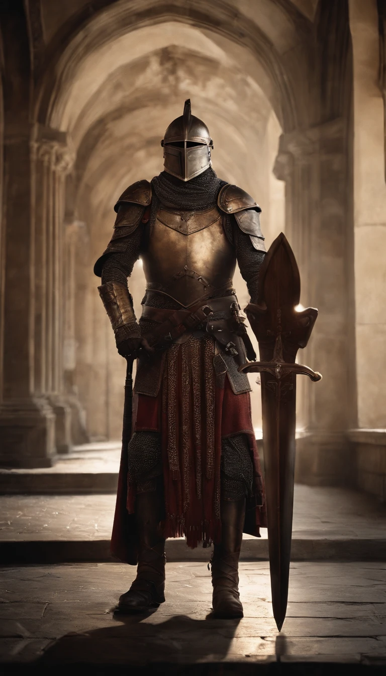 A man in armor stands in the hall with a sword, full portrait of magical knight, ares with heavy armor and sword, Fantasy warrior in full armor, paladin golden armor,Giant horned helmet,Blood-red glowing eyes,for honor charector concept art, knight armored in red, Epic Paladin armor, holy crusader medieval knight,fully body photo