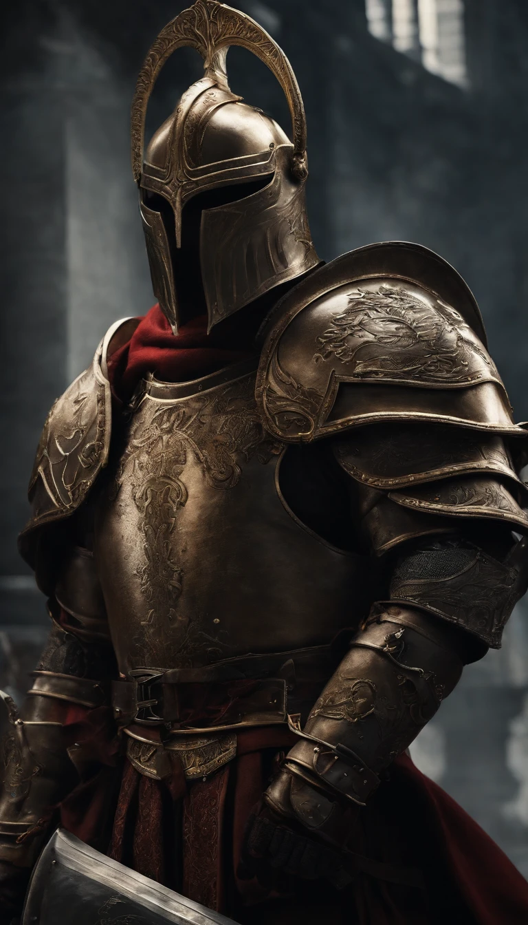 A man in armor stands in the hall with a sword, full portrait of magical knight, ares with heavy armor and sword, Fantasy warrior in full armor, paladin golden armor,Giant horned helmet,Blood-red glowing eyes,for honor charector concept art, knight armored in red, Epic Paladin armor, holy crusader medieval knight,fully body photo