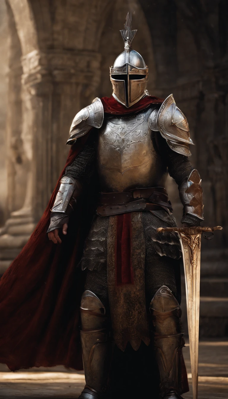 A man in armor stands in the hall with a sword, full portrait of magical knight, ares with heavy armor and sword, Fantasy warrior in full armor, paladin golden armor,Giant horned helmet，Blood-red glowing eyes，for honor charector concept art, knight armored in red, Epic Paladin armor, holy crusader medieval knight，fully body photo