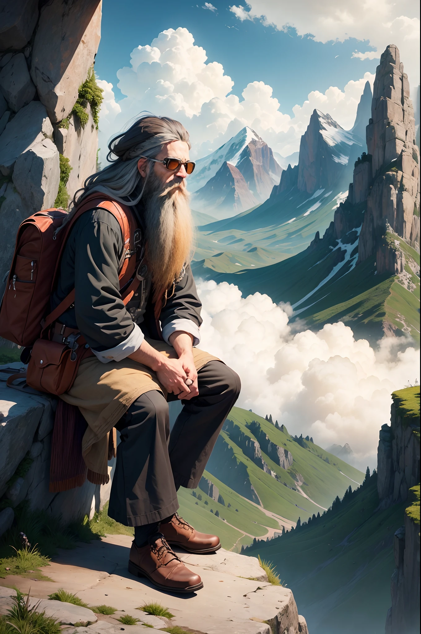 A man long beard man, dredlock hair, sitting on a mountain top, mountains and clouds in the front, birds, bag pack, sun glass, alone , masterpiece, information, hyper realistic, cinematic picture