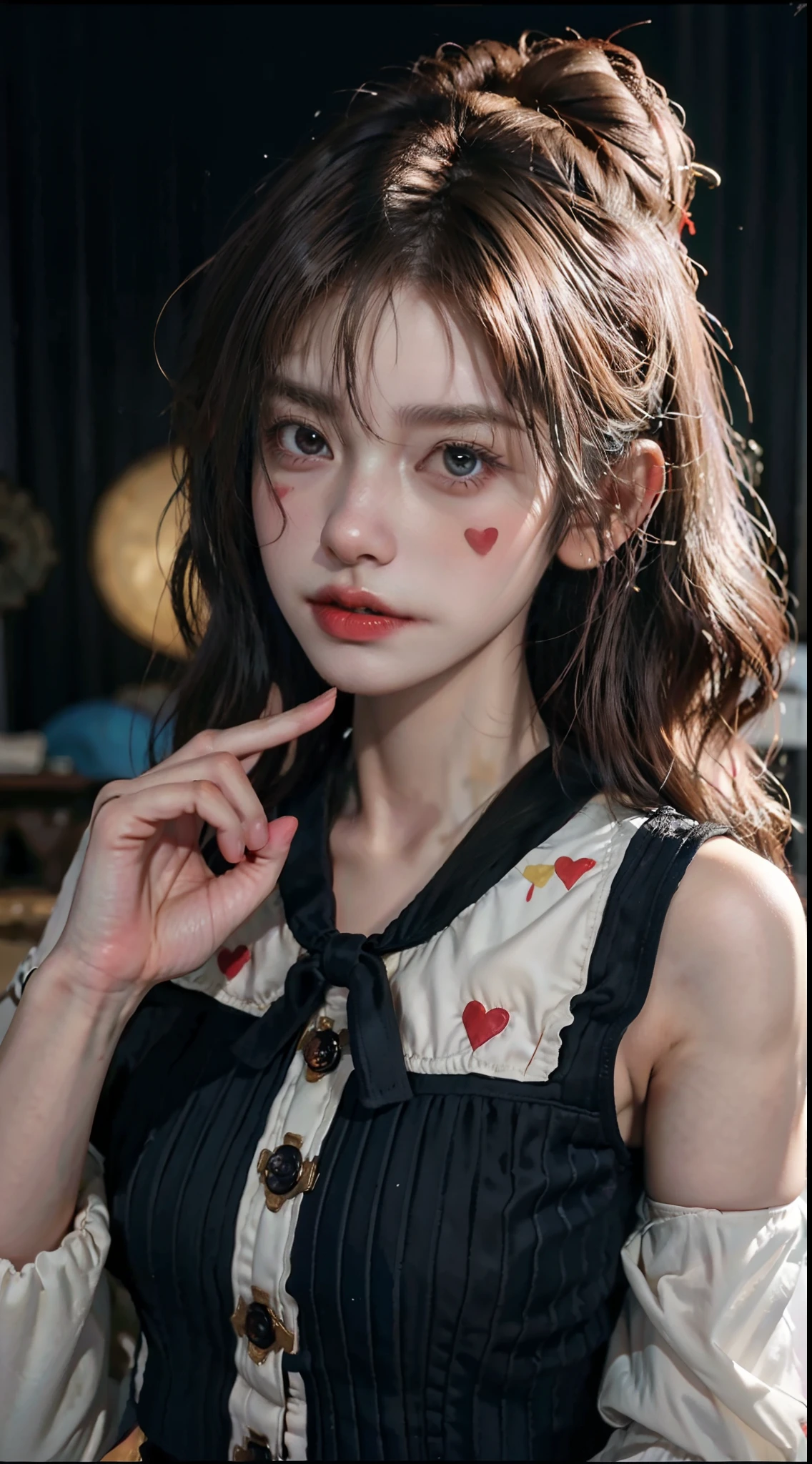 NFFSW,NFFSW,8K, Best quality, masutepiece, Highly detailed, Studio lighting, Physically-based rendering, 1girl in, Solo,
jocker. Colorful, Clown hat and flowers, Clown costume, mitts, The heart is drawn on the face, dark gold hair,(Sad), White face, Wavy hair, hair-bun, 
(Upper body) full bodyesbian,