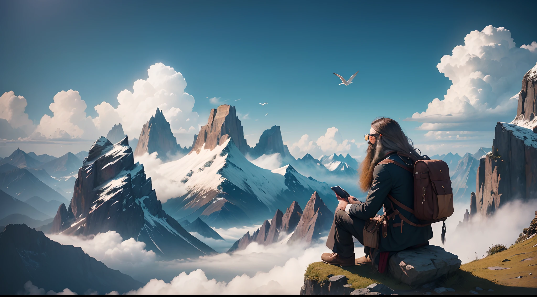 A man long beard man, dredlock hair, sitting on a mountain top, mountains and clouds in the front, birds, bag pack, sun glass, alone , masterpiece, information, hyper realistic, cinematic picture, zoomed out