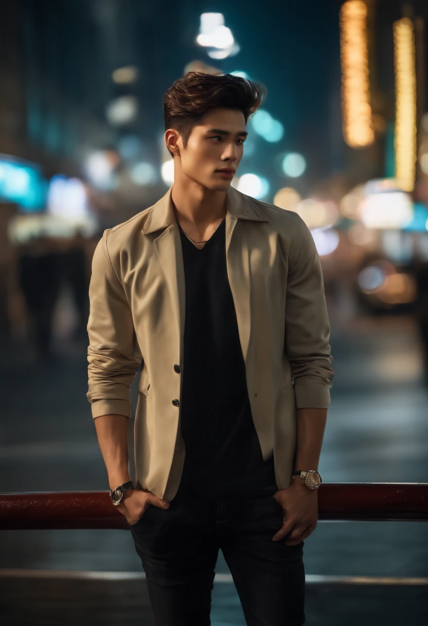 top-quality、masterpiece、超A high resolution、(Photorealsitic:1.4)、Raw foto、Young handsome man、(night city background:1.2)