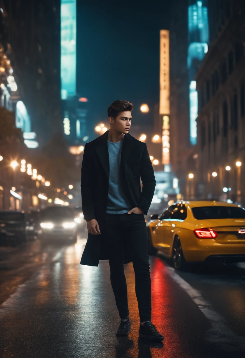 top-quality、masterpiece、超A high resolution、(Photorealsitic:1.4)、Raw foto、Young handsome man、(night city background:1.2)
