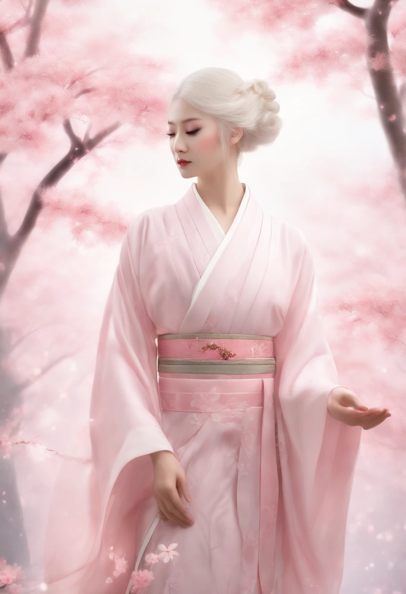 A hyper-realistic, Highly detailed, High resolution 16K image of youth, Beautiful female ghost or guardian spirit. She has pale pink hair and translucent skin, Wearing a traditional kimono with Japan with a small cherry blossom design on the obi. This image is、It captures the ethereal beauty and mystique of the spirit world. The style is inspired by delicacy, Soft aesthetics found in Japan traditional performing arts.
