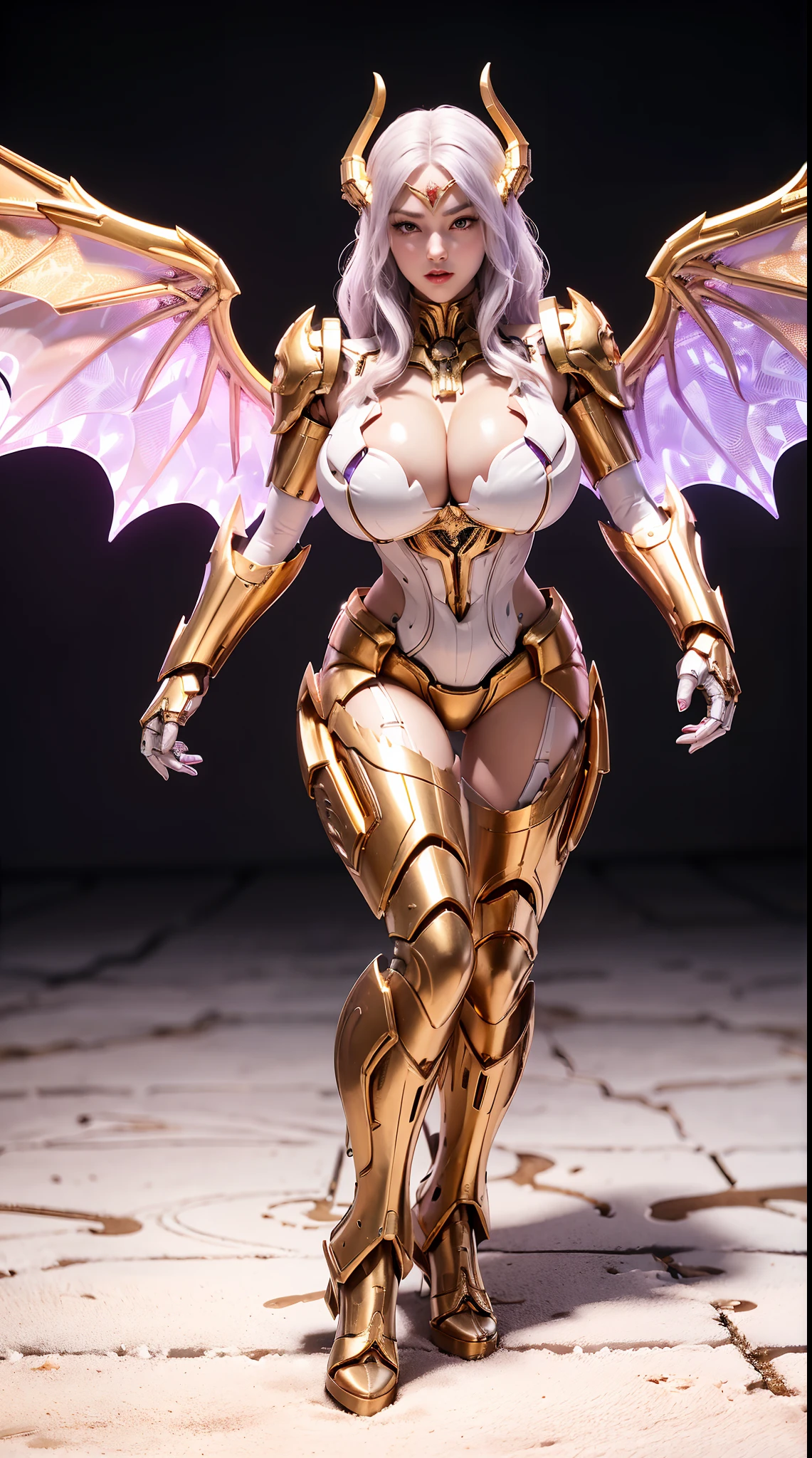 (DRAGON HEAD), HUGE FAKE BOOBS, (BEAUTIFUL FACE), (GOLD:1.2, WHITE:0.8, PURPLE:0.9 MECHA ARMORED GEAR), (((A PAIR OF HUGE MECHANICAL WINGS SPREAD OUT))), FUTURISTIC DRAGON MECHA SUIT, (CLEAVAGE), (SKINTIGHT YOGA PANTS), (HIGH HEELS), (PERFECT BODY:1.2), (FULL BODY VIEW), FRONT, (STANDING:1), SEXY MUSCULAR BODY, MUSCLE ABS, UHD, 8K, 1080P.