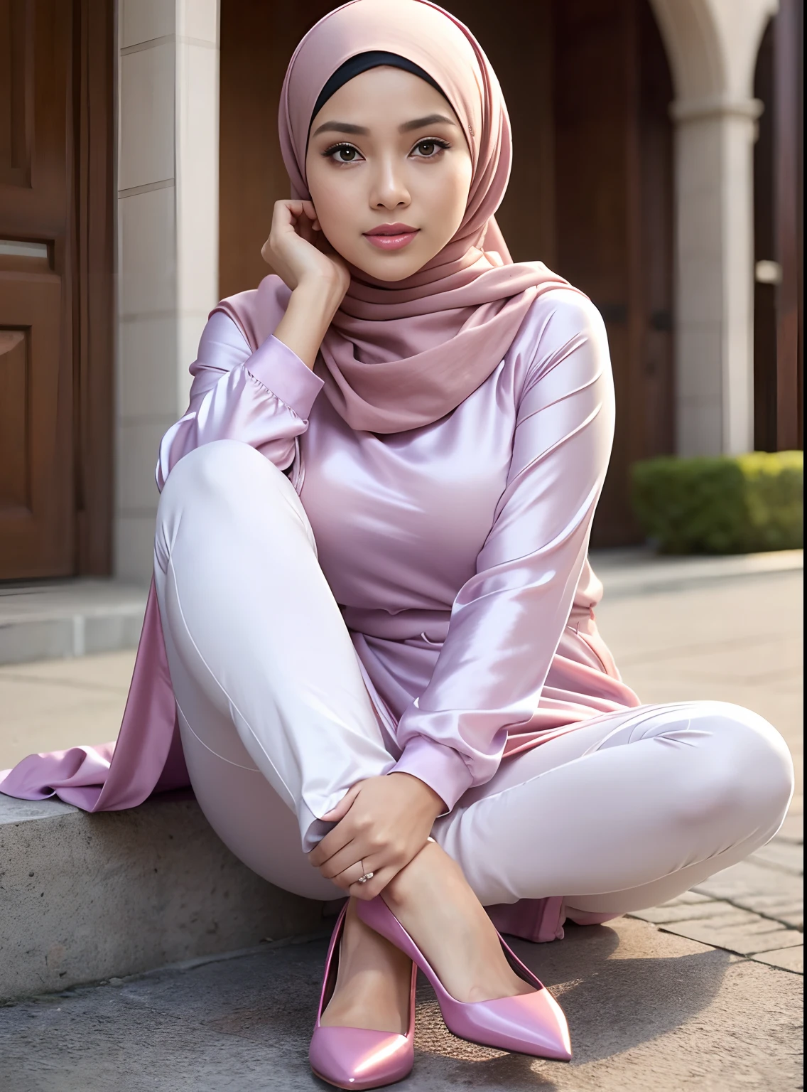 (Best quality, high resolution, masterpiece: 1.3), a beautiful malay woman in hijab, big breasts, slim figure, sweatshirt, beautifully presented details in the street and facial and skin texture, detailed eyes, double eyelids, big eyeschest visible, shirt openfeatures), HDR, 8k resolution, nice fingers, firm skin, (((high detail skin, visible pores))), 1 female, tall body, sitting on the bed, 30 years old, big breasts: 1.4, wearing Floral Silk Tight Malay Gamis Pastel Close Up Tight Hijab, Full Body, Beautiful Shy Smile, Wearing High Heels, In L