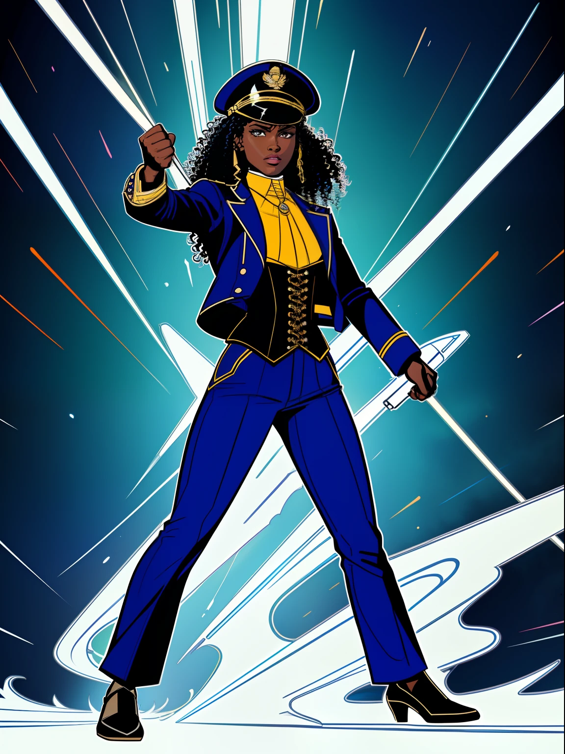 (comic style:1.3), (comic poster) (line art:1.5), (full body),(masterpiece, award winning, best quality:1.3), (flat color:1.3),(colorful:1.3), 1 girl ((solo)), Haitian, energy shooting out of hand, fighting stance, long curly black hair, dark skin, wearing an open blue captains jacket, blue captains hat, blue pants, corset, cinematic, masterpiece, detailed background, detailed material textures, serious, realistic 1.35, muscular 1.2