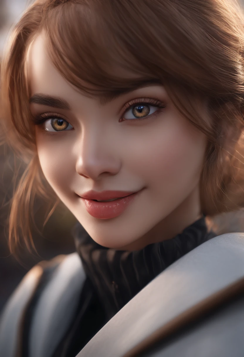 ((masterpiece, best quality)), highres, 8k, Natural light, high contrast, depth of field, intense glow, detailed background, 1girl, cute, detailed eyes, sparkle in eyes, detailed iris, grin, stylized, open mouth, fang,