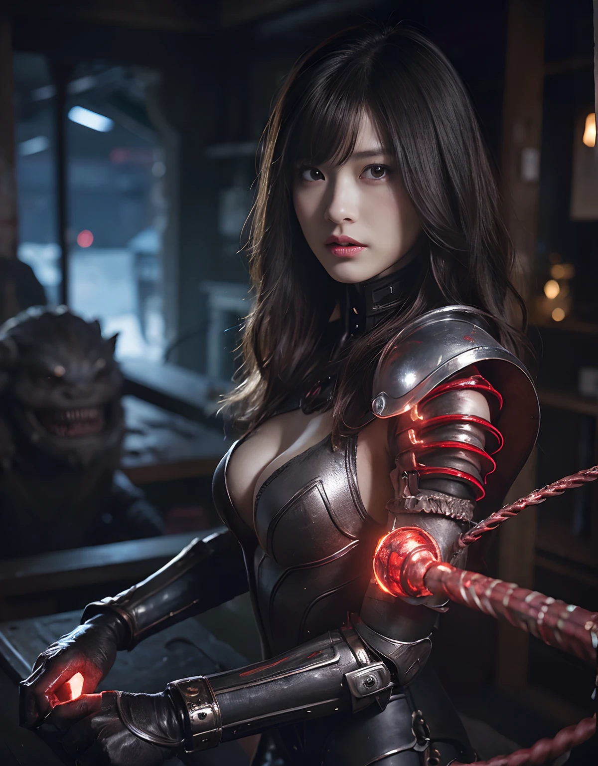 (One Knight Girl)、top-quality、masterpiece、超A high resolution、(Photorealsitic:1.4)、Raw photo、女の子1人、Fight mutants、(Wear the Dark Knight's Armor)、glowy skin、(((Dark Fantasy)))、With a beautiful knife、(Silver Metal Bodysuit)、(Kobold、ogre、Fierce battle with orcs),(Fight fiercely against aliens)、Fight fiercely、(Background of decaying dungeon ruins)、(Fighting Demonic Beasts)、(Small LED)、((super realistic details))、portlate、(Strong giant demon beast background),globalillumination、Shadow、octan render、8K、ultrasharp、Colossal tits、Raw skin is exposed in cleavage、metals、Details of complex ornaments、Japan details、highly intricate detail、Realistic light、(Mystical expression),CGSoation Trends、Red Eyes、radiant eyes、Facing the camera、neon details、(Mechanical limbs)、(blood vessels connected to tubes)、Mechanical vertebrae attached to the back、mechanical cervical attaching to neck、(Wires and cables connecting to the head)、Gundam、Small LED、,Mechanical thighs、Toostock、(Hands are also made of machines)、(Attack of the Monster Beasts)、(Wounded in a deadly battle)、