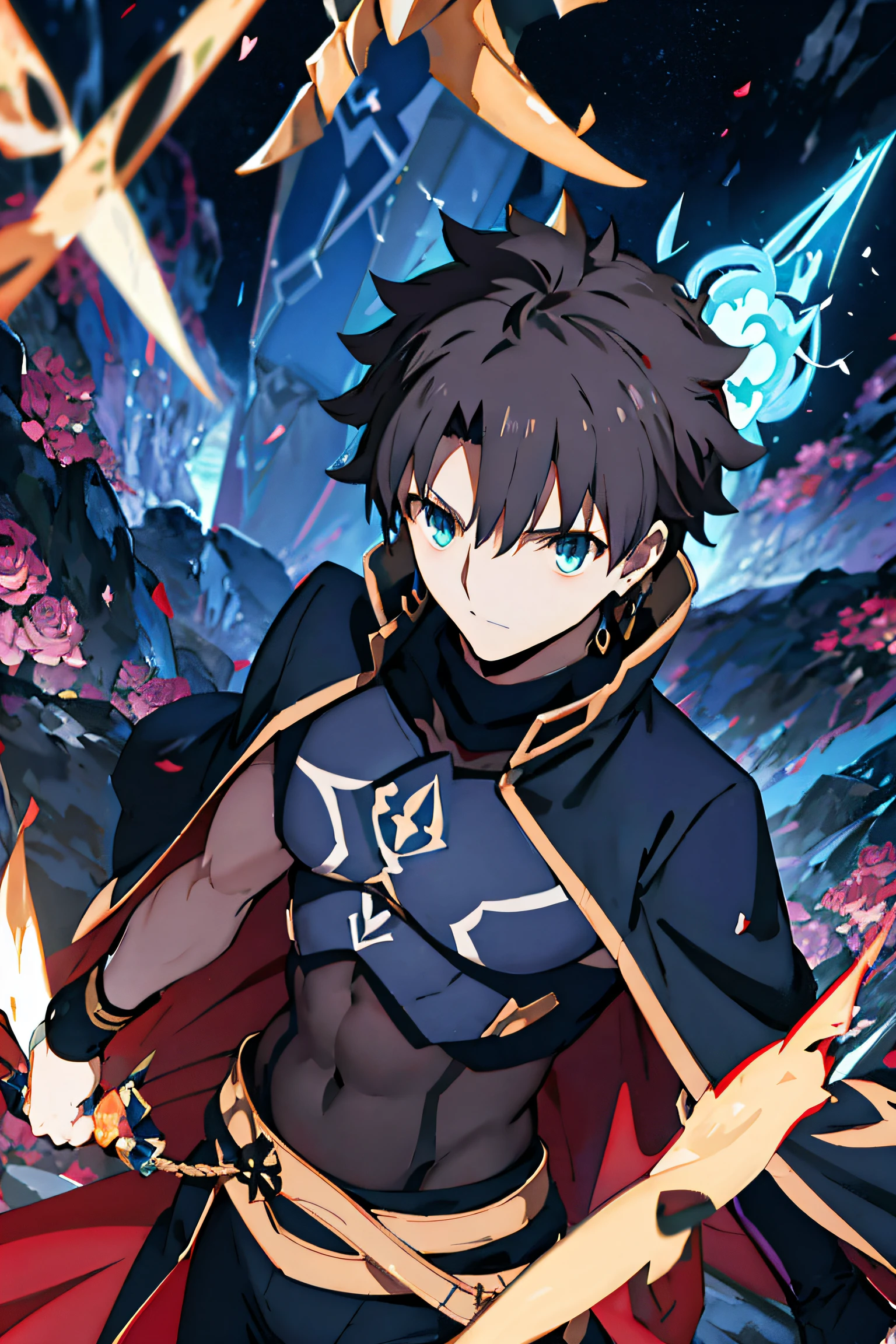 gudao de fate go, fusionado con la class card de ereshquigal, en pose de combate con una cara seria mientras fuego azul lo rodea en un ecenario oscuro lleno de flores rosas fantasmales.