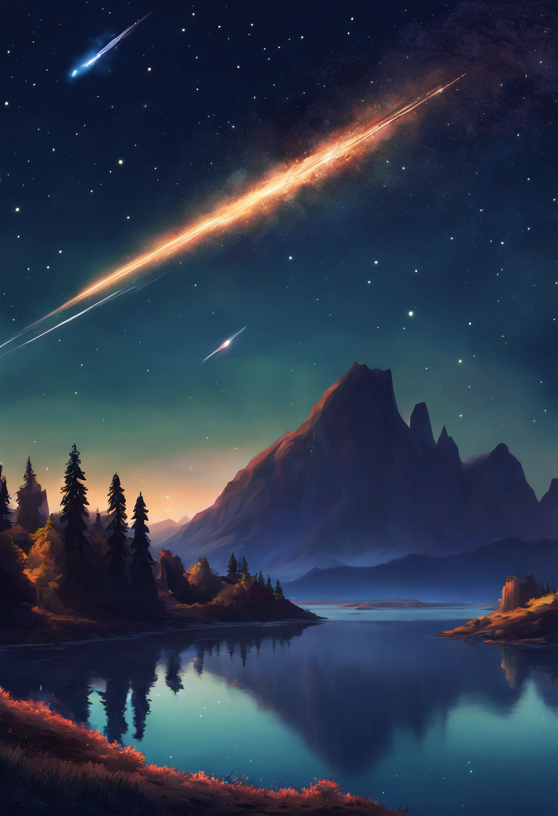 digital art, Dark landscape, meteor comets, trees, starry night, stars, galaxy in the sky, mountains in the distance, horizon lake