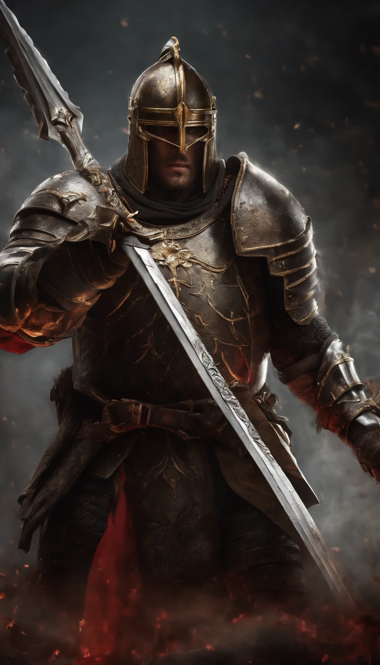 A man in armor stands in the hall with a sword, full portrait of magical knight, ares with heavy armor and sword, Fantasy warrior in full armor, paladin golden armor,There are horns on the helmet,Blood-red glowing eyes,for honor charector concept art, knight armored in red, Epic Paladin armor, holy crusader medieval knight,fully body photo
