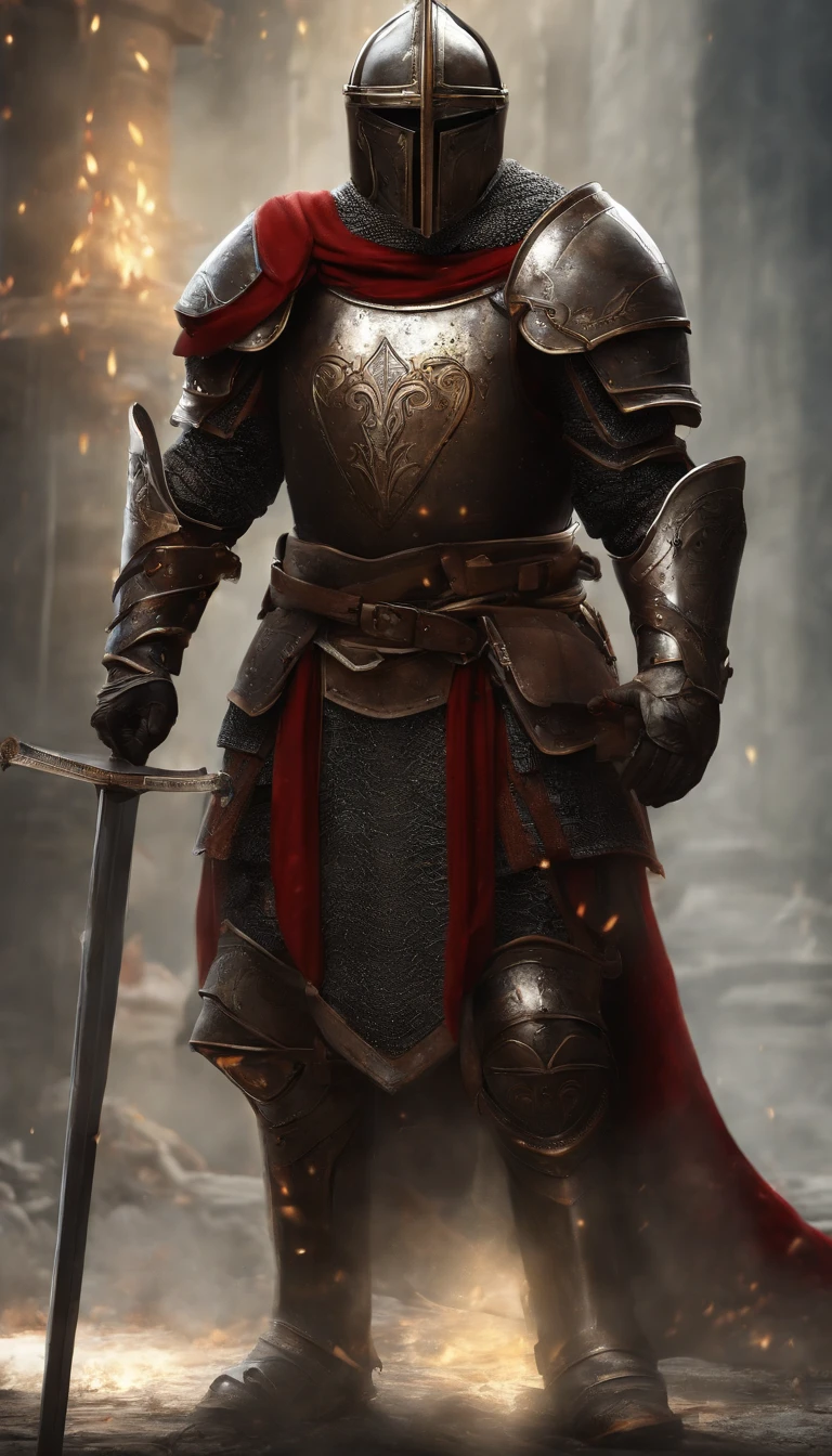 A man in armor stands in the hall with a sword, full portrait of magical knight, ares with heavy armor and sword, Fantasy warrior in full armor, paladin golden armor,There are horns on the helmet，Blood-red glowing eyes，for honor charector concept art, knight armored in red, Epic Paladin armor, holy crusader medieval knight，fully body photo