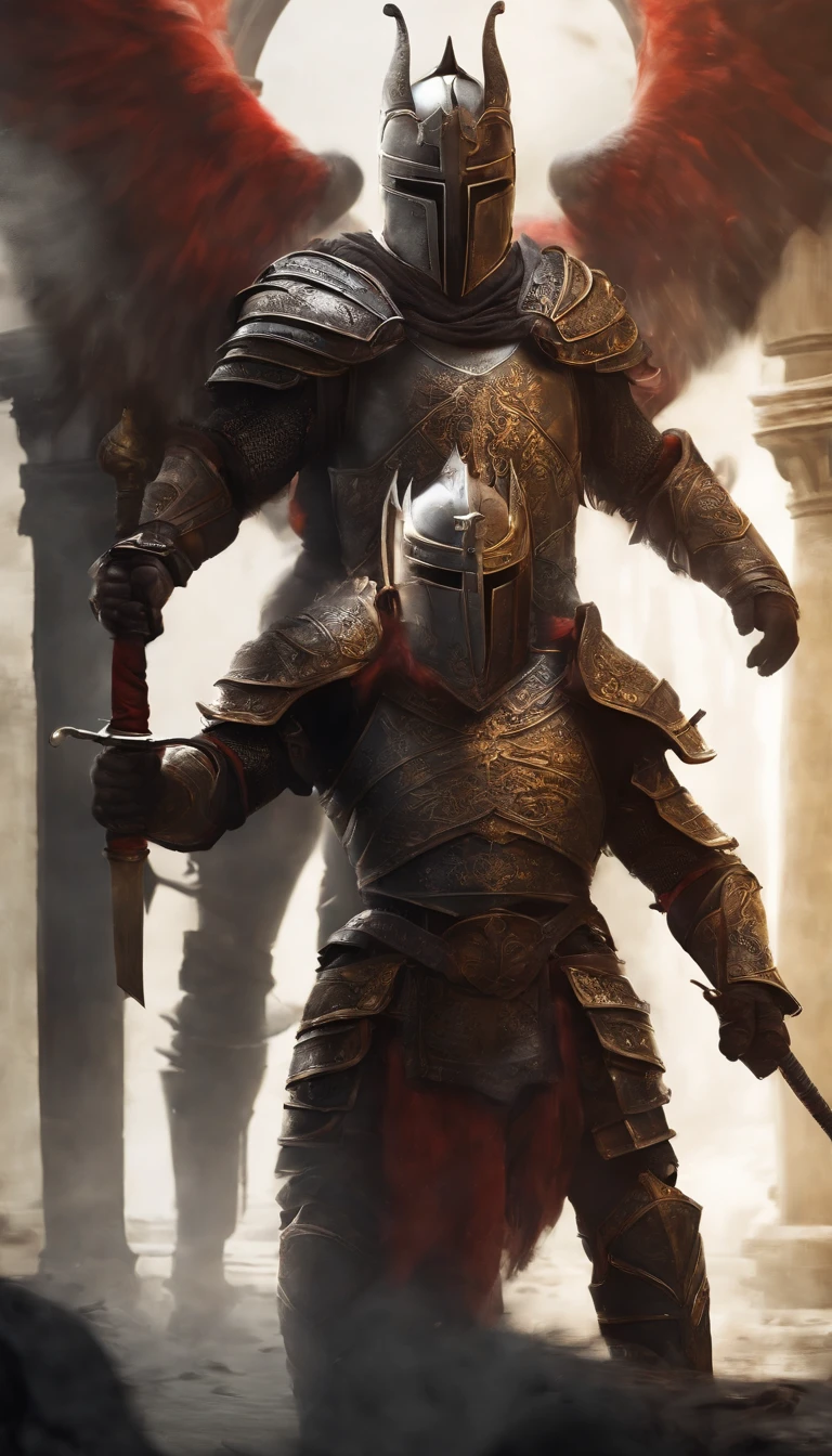 A man in armor stands in the hall with a sword, full portrait of magical knight, ares with heavy armor and sword, Fantasy warrior in full armor, paladin golden armor,There are horns on the helmet,Blood-red glowing eyes,for honor charector concept art, knight armored in red, Epic Paladin armor, holy crusader medieval knight,fully body photo