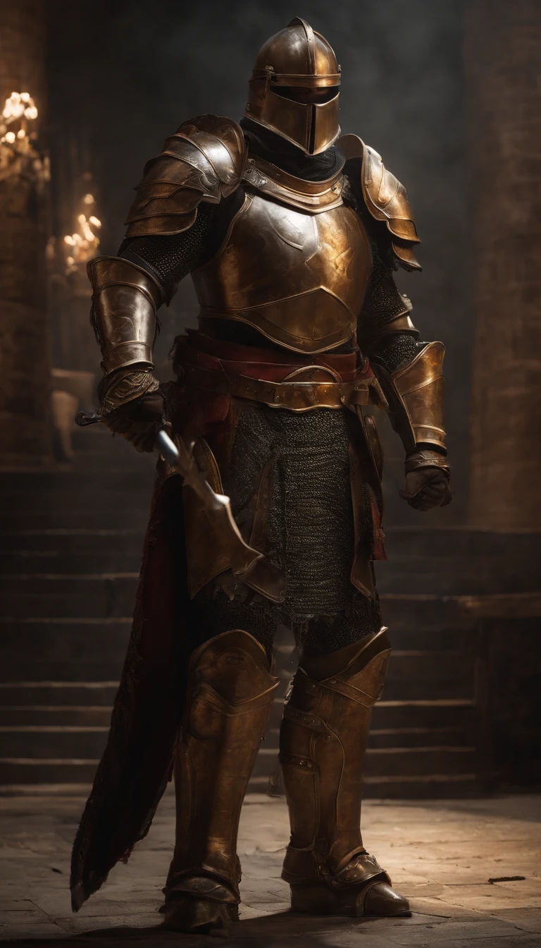 A man in armor stands in the hall with a sword, full portrait of magical knight, ares with heavy armor and sword, Fantasy warrior in full armor, paladin golden armor,There are horns on the helmet，Blood-red glowing eyes，for honor charector concept art, knight armored in red, Epic Paladin armor, holy crusader medieval knight，fully body photo