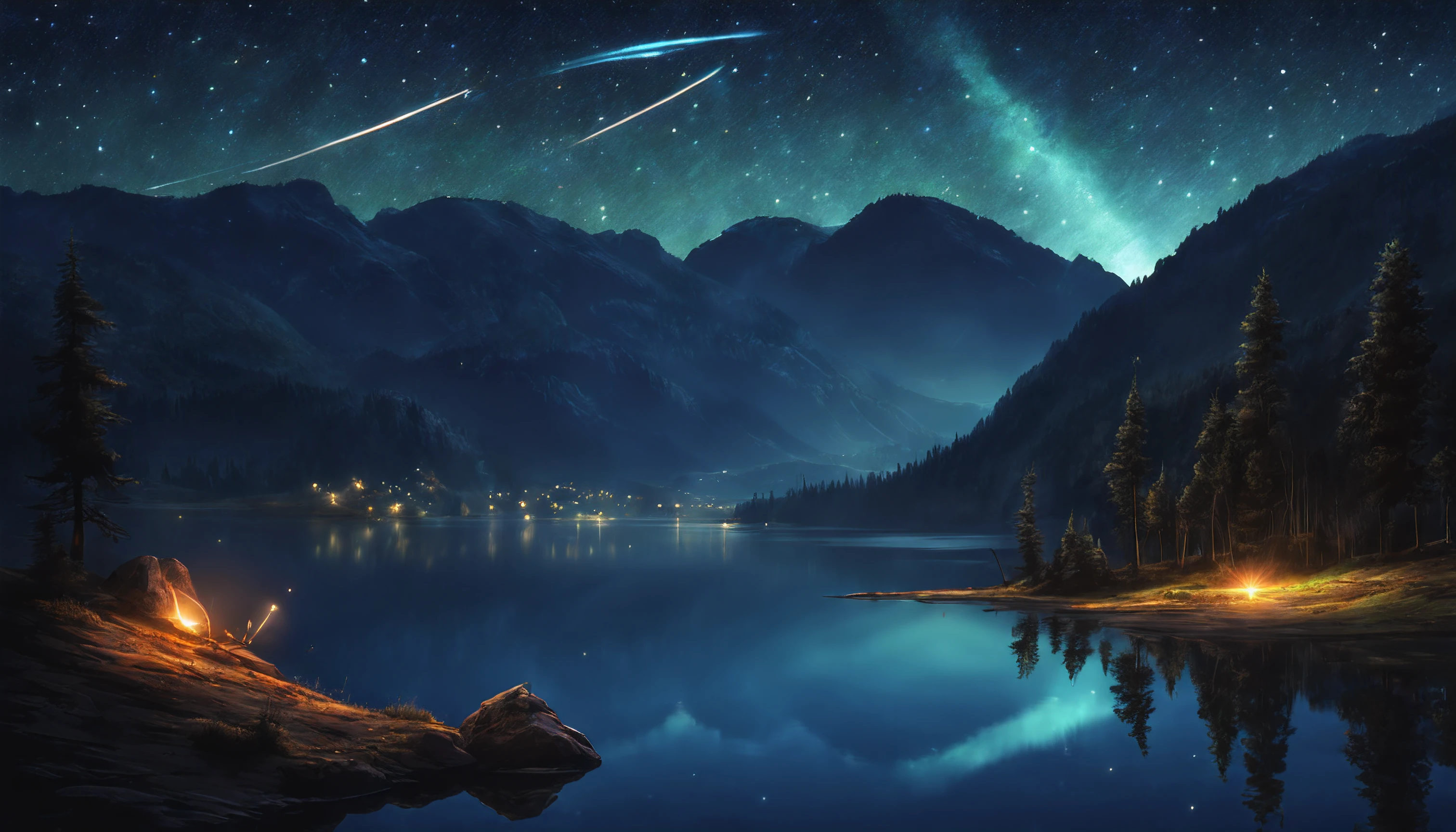 light painting art, Dark landscape, meteor comets, trees, starry night, stars, galaxy in the sky, mountains in the distance, lake