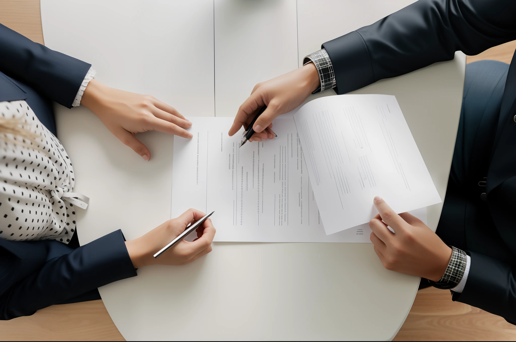 three people sitting at a table with papers and pens, signing a bill, realistic depiction, high quality picture, professionally done, medium wide shot, papers on table, hand on table, watermarked, commercial photo, interesting angle, by Seb McKinnon, absolutely outstanding image, by Matt Cavotta, selling insurance, set photo, seen from straight above, well edited, sharp, ultra smooth, (add_detail: 1.0), 8k