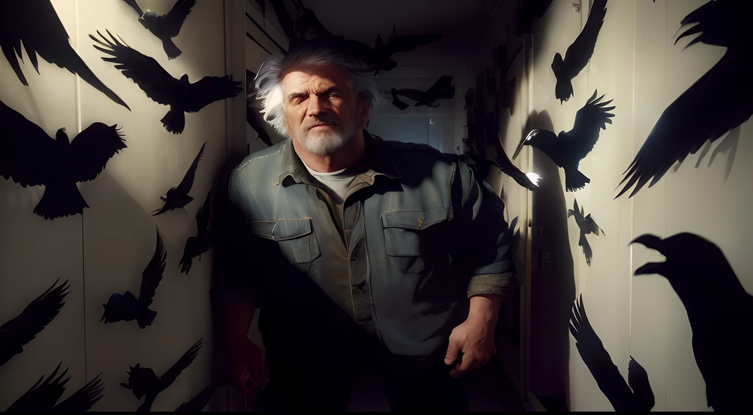 Man standing in a hallway with a wall with birds around him, Motor irreal. filme ainda, feito em unreal motor 4, beautiful and cinematic lighting, feito em motor unreal, feito com motor irreal, renderizado em unreal 5, renderizado no Unreal Engine 5, motor irreal', James Gurney Cinematic Lighting, ( ( Motor irreal ) ), ps5 cinematic screen capture