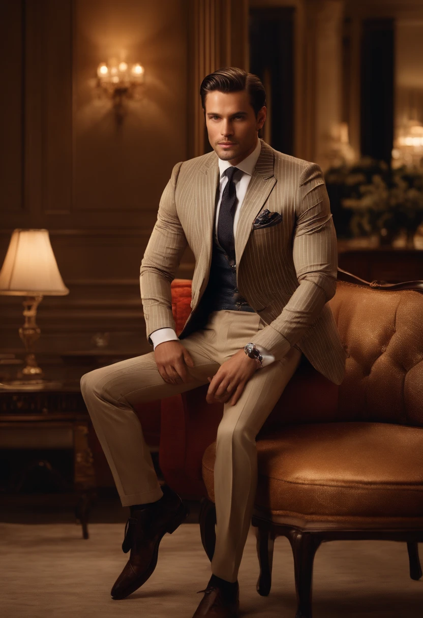 Character sitting on a chair with arms raised, Dark hair (neck-length hair tied in a ponytail,), Nice Pose, Handsome man, Pretty Face, royal elegant pose, businessman, (In a striped blazer), (The surrounding environment is a luxurious and classic living room) (Sandtone imagery)