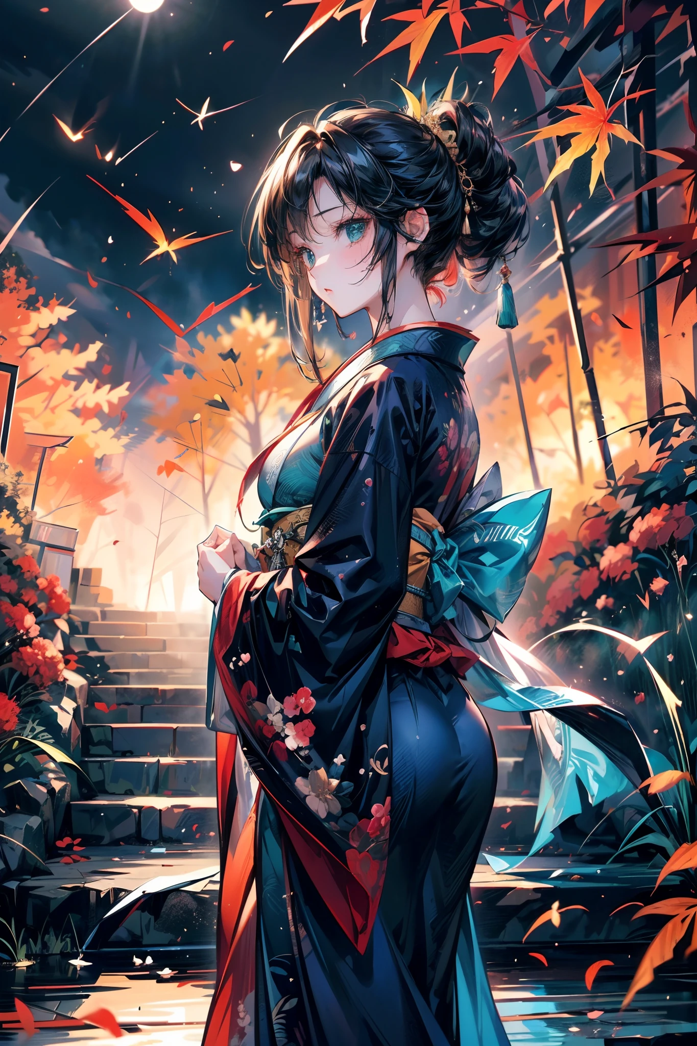 (Landscape photo, with a woman in the bottom right of photo:1.5, in autumn:1.5, Japanese pampas grass:1.5), Masterpiece, best quality, (very detailed CG unity 8k wallpaper), (best quality), (best illustration), (best shadows), luminous sprite, mountain stream, (ancient Chinese architecture:0.6), natural elements in a grassland theme. Night Mysterious field, beautiful night grassland, stone steps, stone bridge, night nature surrounded by night flowers, leaves and red branches surrounded by fireflies (natural elements), (night blackout), (night dark sky), (night grassland theme), (red glowing grass), (leaves), (branches), (red fireflies), (particle effects), 3D, dark background, Octane rendering, ray tracing, super detail, night, moon, (ultra high resolution:1.3, 8K RAW photo, photo realistics:1.2, thin outline:1.37), dark turquoise green medium short hair, (updo, wavy hair), (The navyblue clothes is embellished with delicate gold detailed flower ornaments), milf, Beautiful matured girl, (fine detailed beautiful eyes, looking away), a woman in a burgundy clothes and gold delicate ornaments, Anime, a beautiful fantasy character, stylish illustration, woman at bottom right of frame, kantai-collection style,