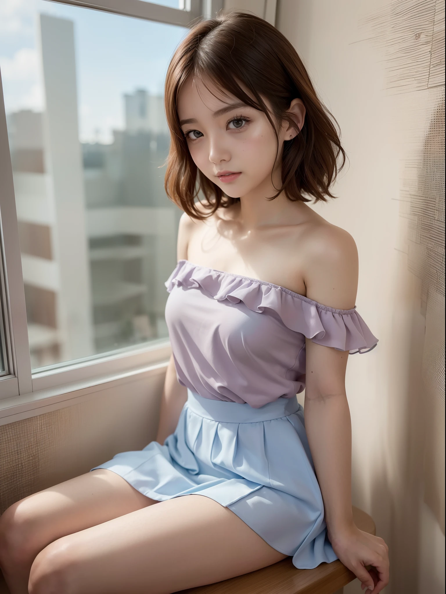 ((of the highest quality, 8K, masutepiece: 1.3, Raw photo)), Sharp Focus: 1.2, (1 AESPA Girl :1.1), Solo, (Realistic, Photorealistic: 1.37), (Face Focus: 1.1), Cute face, hyperdetailed face, short messy hair, Small Smile, slender, nude, (camisole, chiffon skirt: 1.3), (Sitting with one knee up: 1.3), classroom, show panties, flower, dahlia