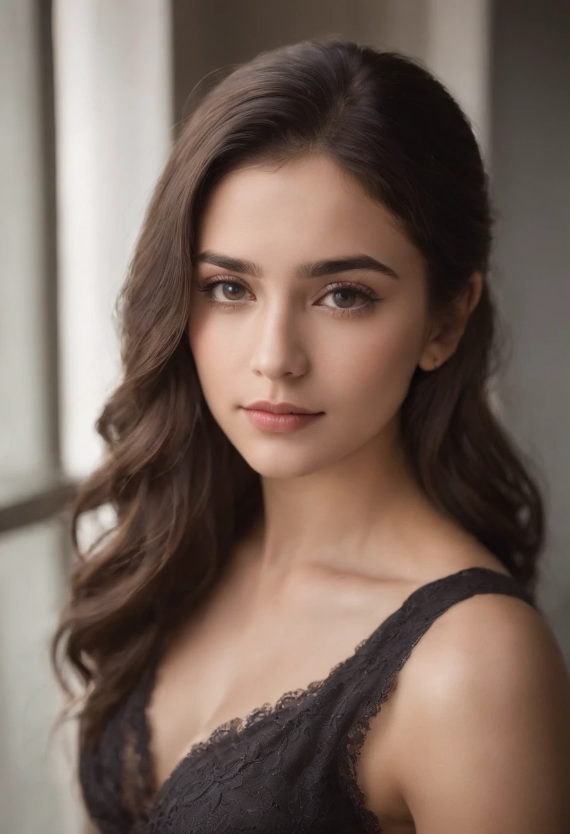 Una hermosa foto RAW, fotorrealista, La mejor calidad, hermosa morena, Piel detallada, look would be,  Photo of beautiful iraqi 18 year old teen, Androide 18 de Dragon Ball, super sexi, pose exitante, enfoque desde atras