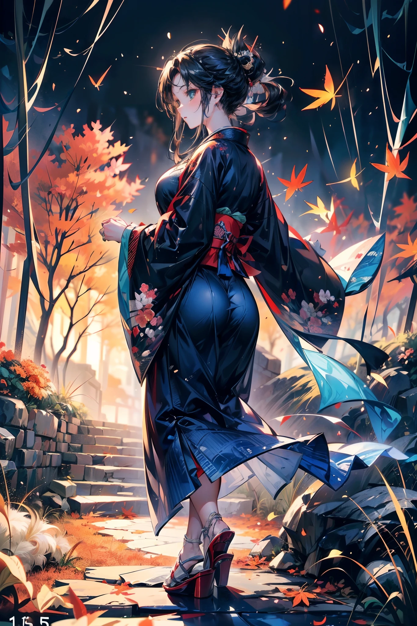 (Landscape photo, with a woman in the bottom right of photo:1.5, in autumn:1.5, Japanese pampas grass:1.5), Masterpiece, best quality, (very detailed CG unity 8k wallpaper), (best quality), (best illustration), (best shadows), luminous sprite, mountain stream, (ancient Chinese architecture:0.6), natural elements in a grassland theme. Night Mysterious field, beautiful night grassland, stone steps, stone bridge, night nature surrounded by night flowers, leaves and red branches surrounded by fireflies (natural elements), (night blackout), (night dark sky), (night grassland theme), (red glowing grass), (leaves), (branches), (red fireflies), (particle effects), 3D, dark background, Octane rendering, ray tracing, super detail, night, moon, (ultra high resolution:1.3, 8K RAW photo, photo realistics:1.2, thin outline:1.37), dark turquoise green medium short hair, (updo, wavy hair), (The navyblue clothes is embellished with delicate gold detailed flower ornaments), milf, Beautiful matured girl, (fine detailed beautiful eyes, looking away), a woman in a burgundy clothes and gold delicate ornaments, Anime, a beautiful fantasy character, stylish illustration, woman at bottom right of frame, kantai-collection style,