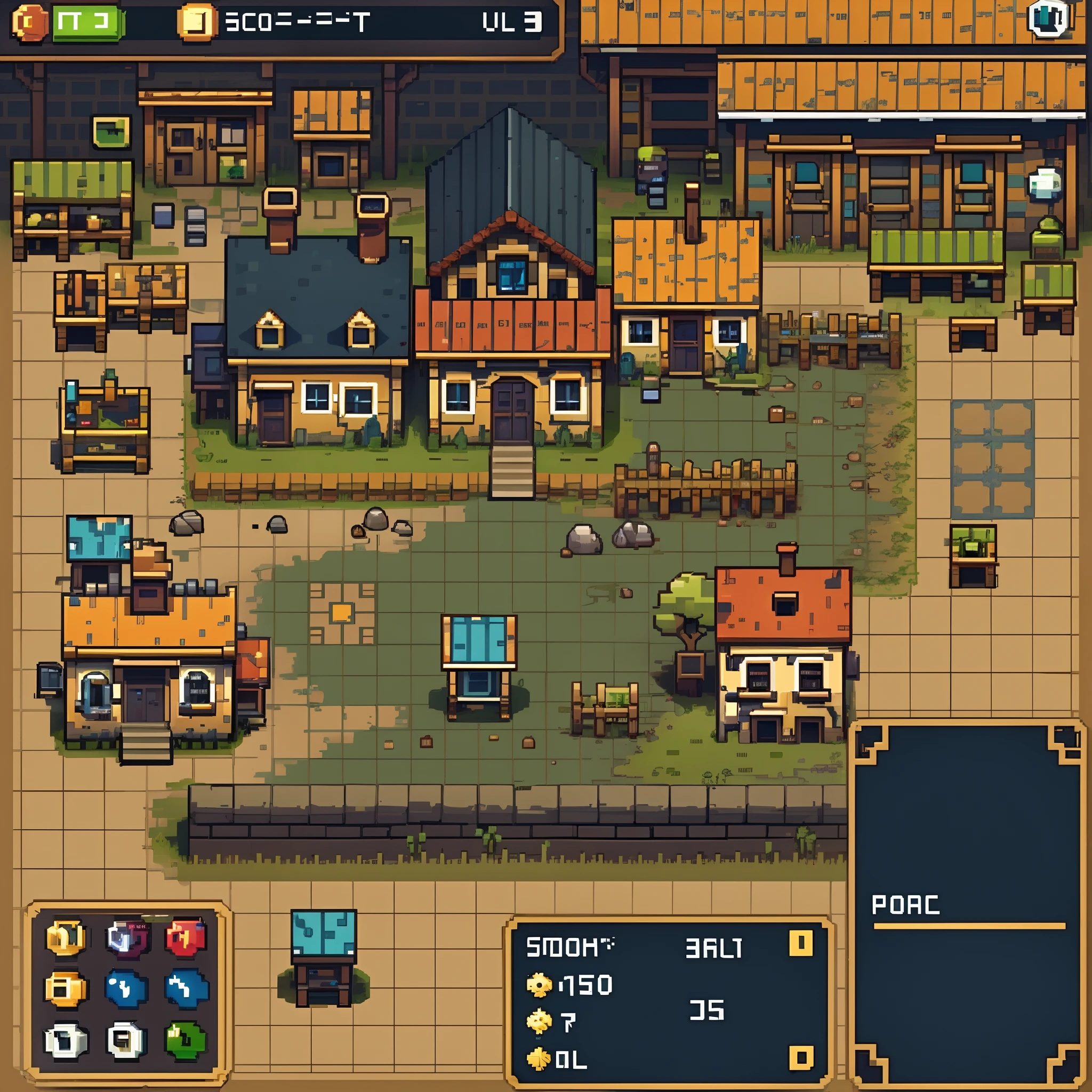 A screenshot of a village with a lot of buildings and a lot of people ...