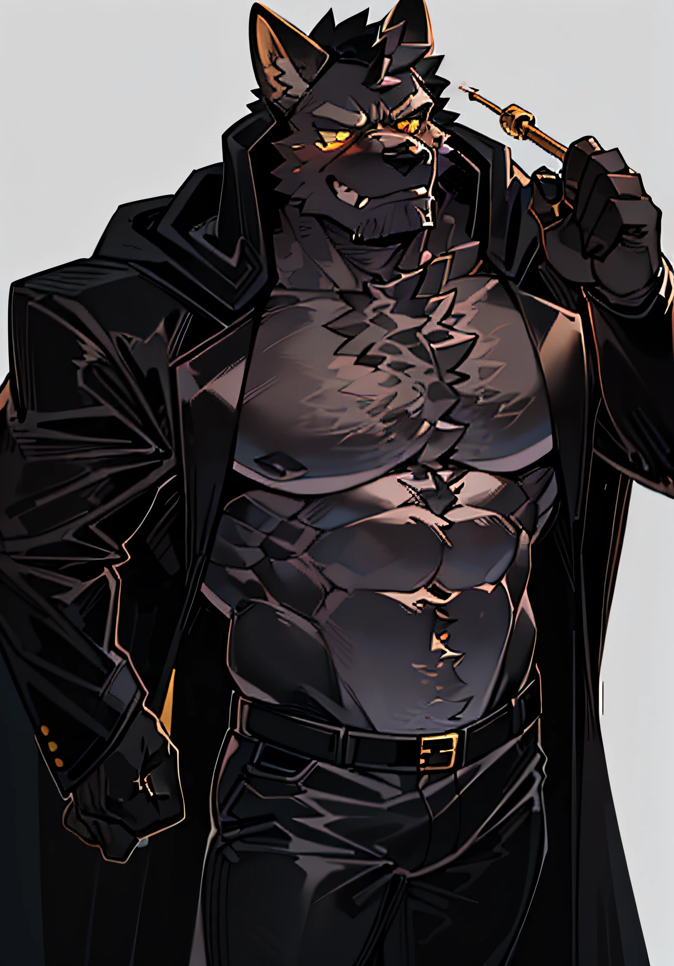 solo person,hairy chest,Canine orcs,Gray body,Golden eyes,Black ears,a black trench coat,Black pantsuit,Gray hood,muscles,low head,Use a pipe,The expression is serious,scowling