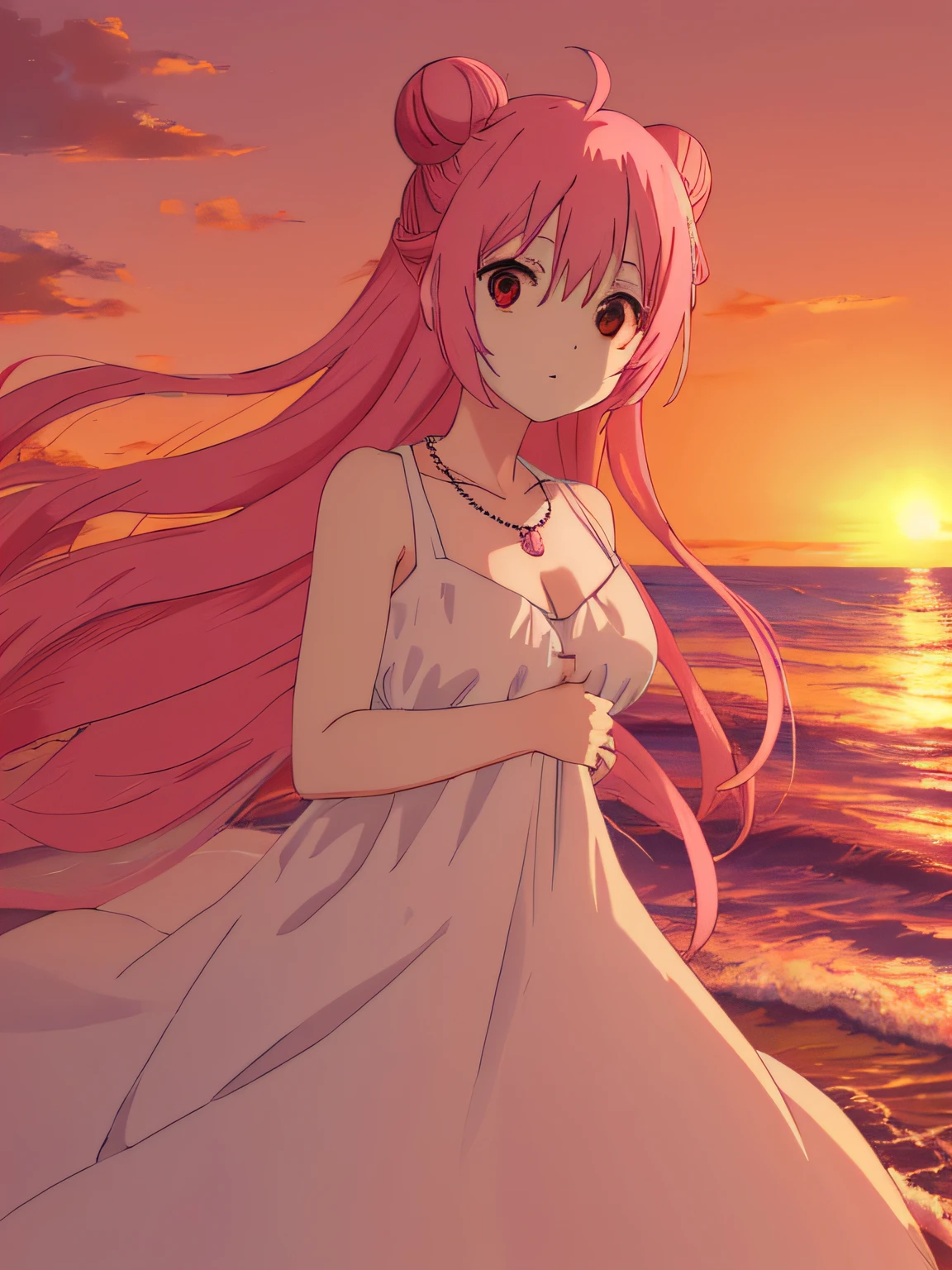 satou, hair buns, long hair, pink hair, red eyes, cold wind, white dress, long dress, summer dress, pleasure, Beach, sunset, wave hill, breast bone, I am happy, necklace