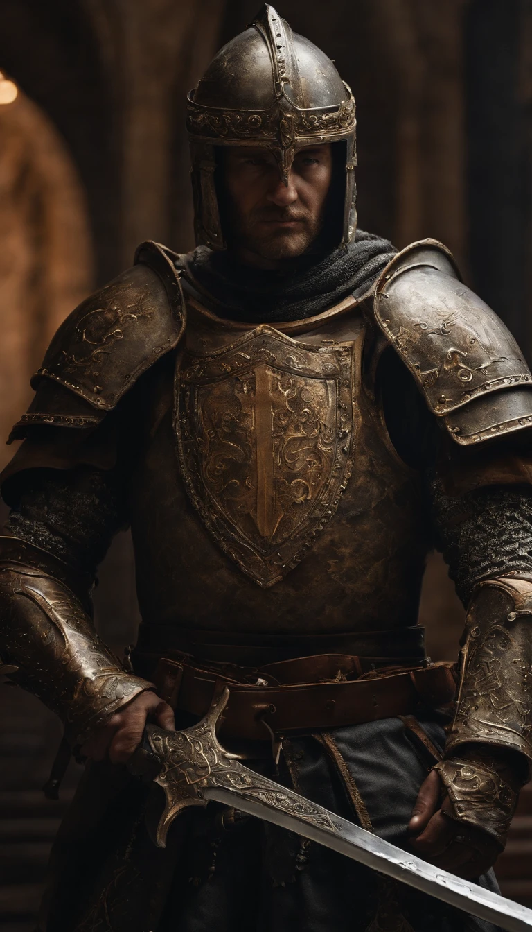A man in armor stands in the hall with a sword, full portrait of magical knight, ares with heavy armor and sword, Fantasy warrior in full armor, paladin golden armor,There are demon horns on the helmet，Blood-red glowing eyes，for honor charector concept art, knight armored in red, Epic Paladin armor, holy crusader medieval knight，fully body photo