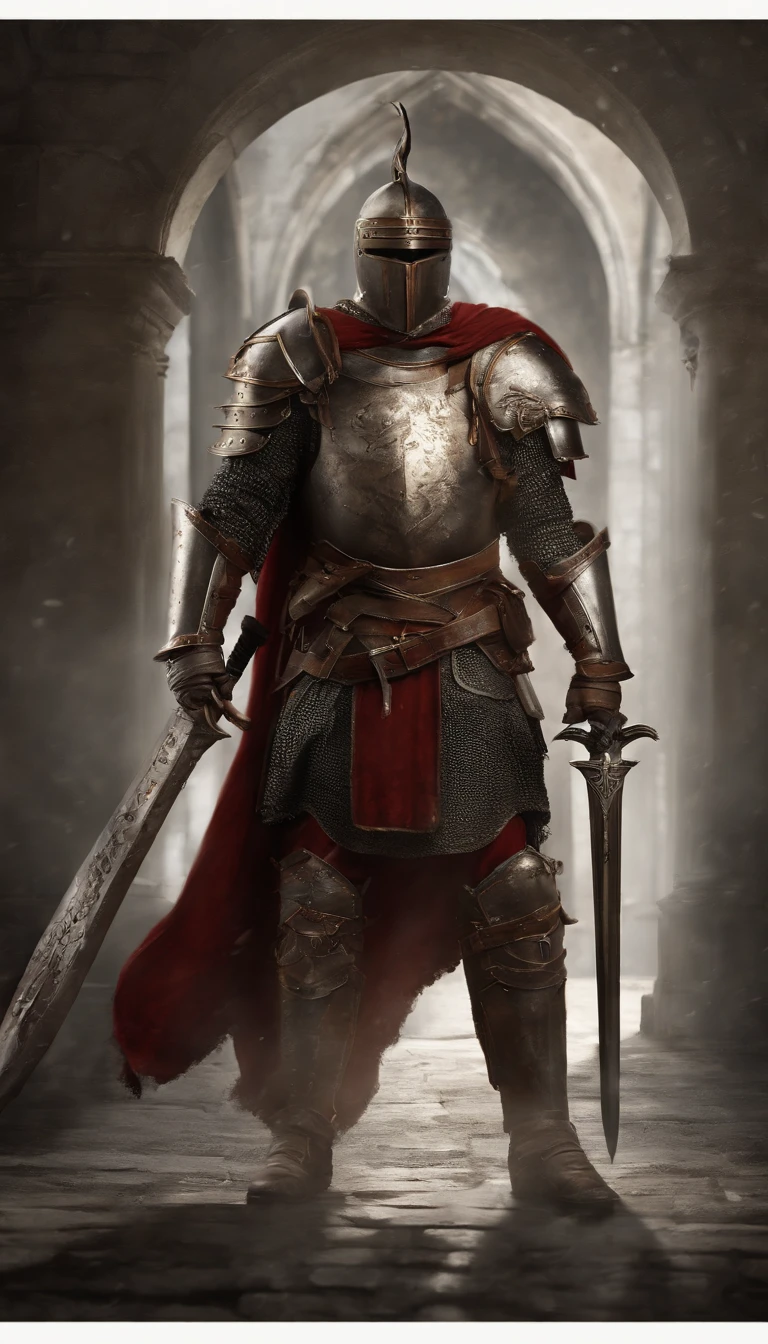 A man in armor stands in the hall with a sword, full portrait of magical knight, ares with heavy armor and sword, Fantasy warrior in full armor, paladin golden armor,There are demon horns on the helmet，Blood-red glowing eyes，for honor charector concept art, knight armored in red, Epic Paladin armor, holy crusader medieval knight，fully body photo