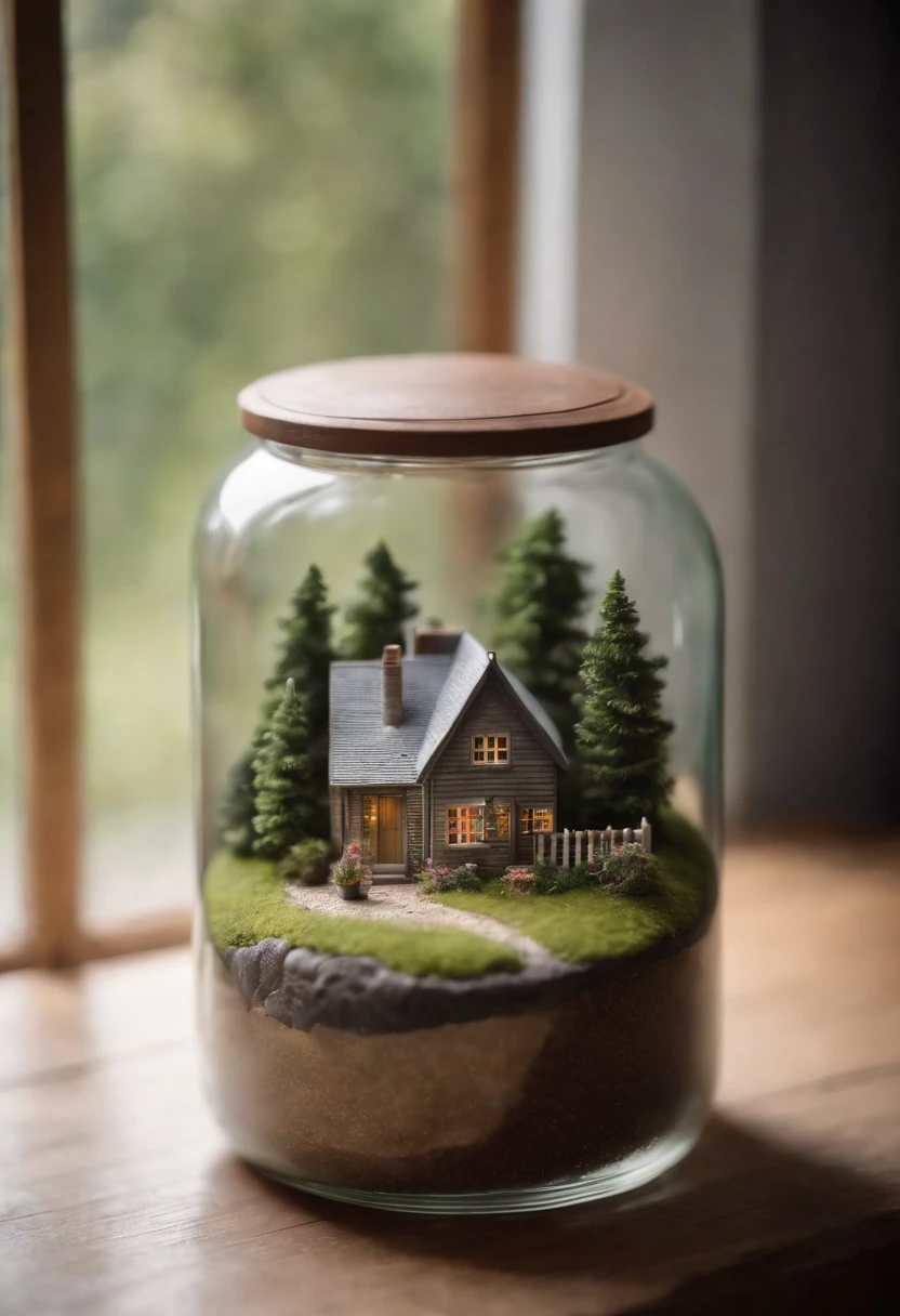 A glass jar with a cottage inside it