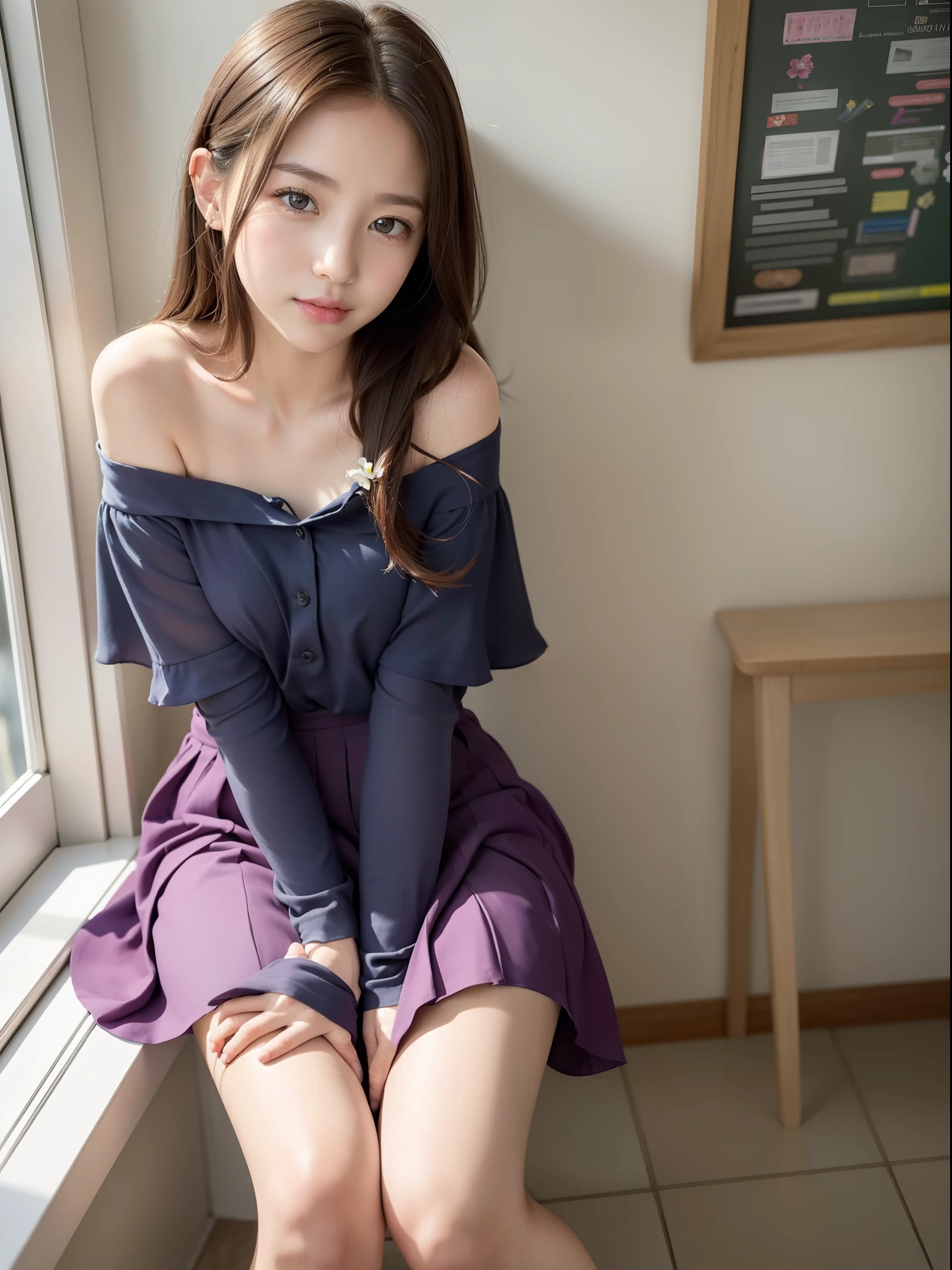 ((of the highest quality, 8K, masutepiece: 1.3, Raw photo)), Sharp Focus: 1.2, (1 AESPA Girl :1.1), Solo, (Realistic, Photorealistic: 1.37), (Face Focus: 1.1), Cute face, hyperdetailed face, brunette short messy hair, Small Smile, nude, (taking off school uniform like Off-the-shoulder chiffon dress, Roll up the skirt: 1.3), thigh, Sitting with one knee up, classroom, flower, lily