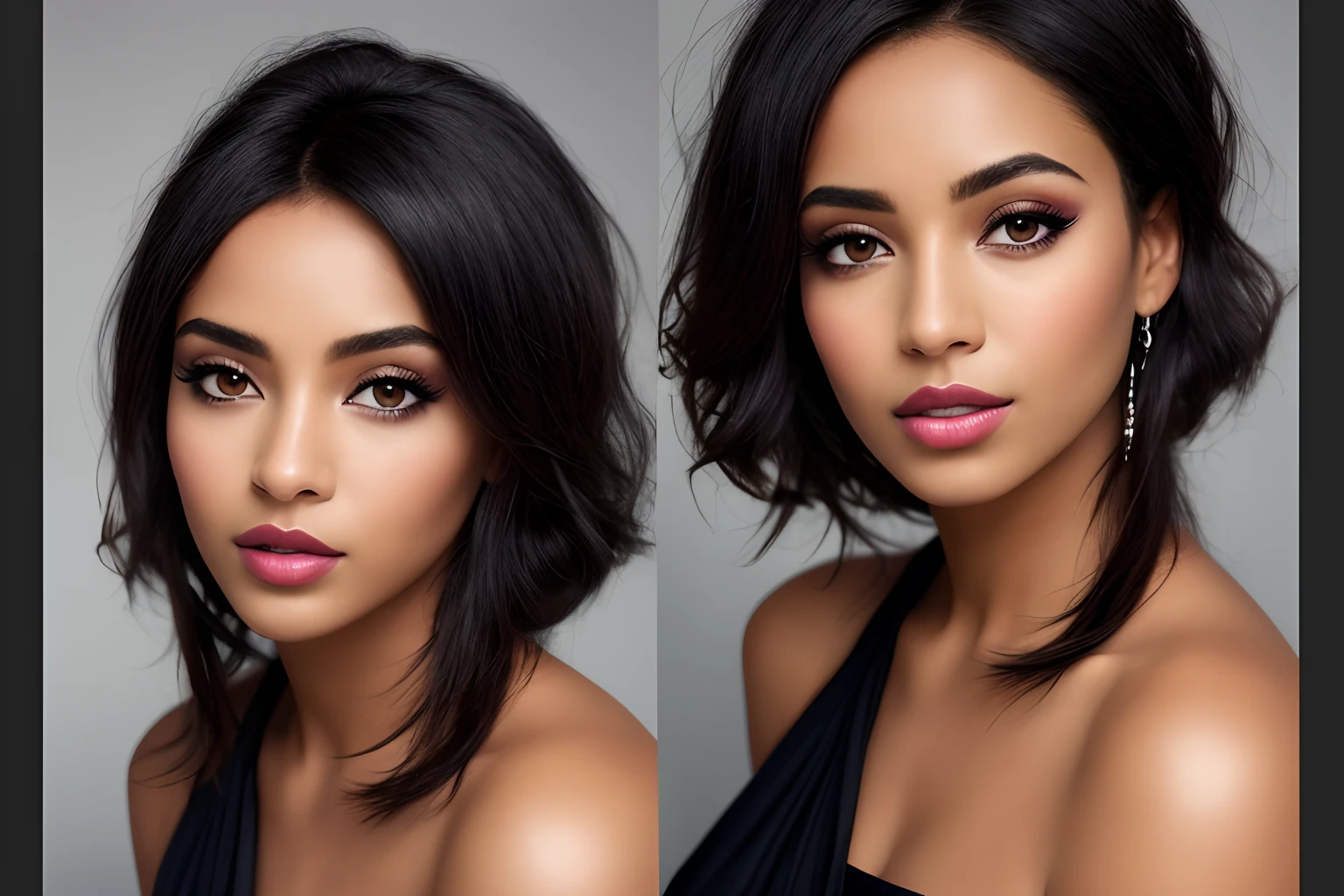 2854012297 . masterpiece, 8k, beautiful, Ethiopian , Latina , light skin tone , to8contrast style), (Close-up portrait), open mouth, 8k RAW photo, highest quality, detailed hazel eyes, eye reflection, winged eyeliner, (looking at the viewer:1.3), best shadow, intricate details, interior, (bold hair:1.3), muted colors, high contrast style, glam shot, smoldering, (sultry:1.1), dof, bokeh, intense, languid, tempting, sensual, seductive, longing, yearning, smitten, dark photography studio, minimal lighting, deep shadows, stark contrasts, dramatic highlights, (black backdrop:1.2), dimples, fullness, plumpness, natural blue lips, bold color, alluring, captivating, striking, unforgettable, stunning, breath-taking, timeless beauty. (bare shoulders:1.2), headshot,