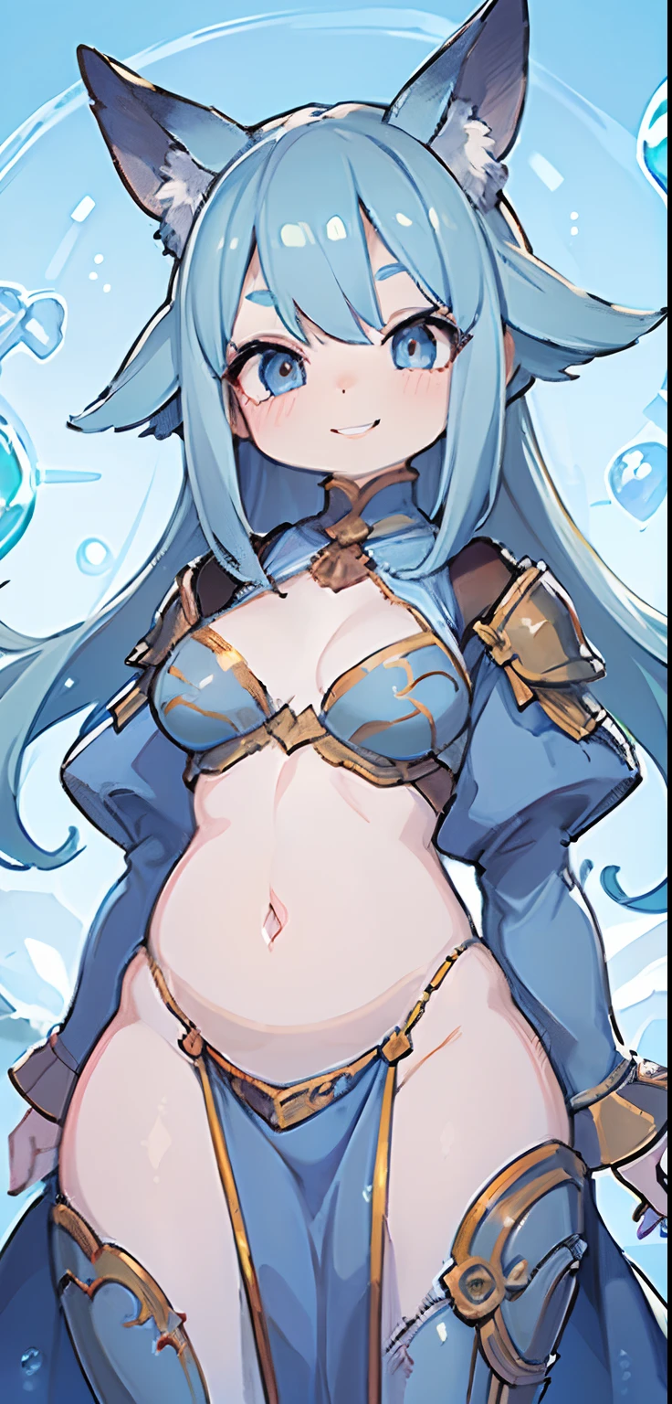 ((perfect anatomy)), a woman, 25 years old, eye, eyebrow, nose, hearing, mouth, detailed lips, tooth, hair, (smiling), blue hair, neck, big chest, perfect belly, waist, blue armor, golden details, fantasy style, stand, ((background scene)), magic effect, water bubbles effect, water blue background