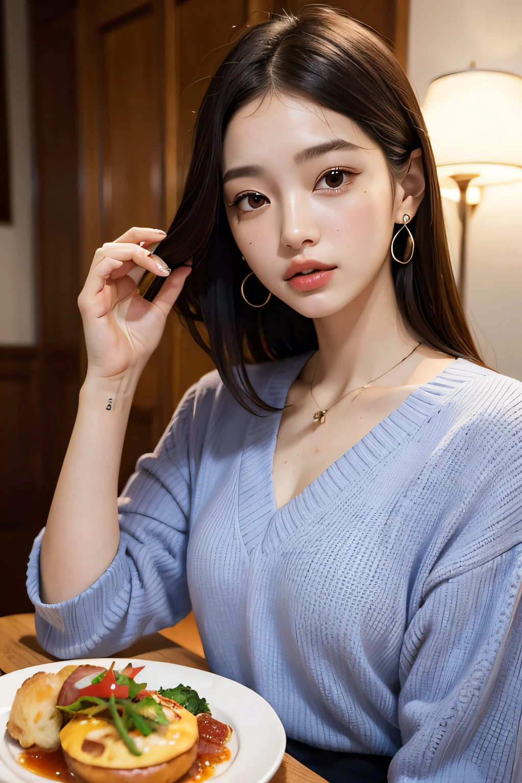 melhor qualidade, obra-prima, ultra alto nada, (fotorrealista: 1.4), foto crua, there is a woman sitting at a table with a plate of food, Ulzzang, Sakimichan, com cabelos curtos, Heonhwa Choe, Yoshitomo Nara, dilraba dilmurat, como franja, linda mulher coreana jovem, Casa Yunjoo, Mulher sul-coreana bonita, Kiko Mizuhara