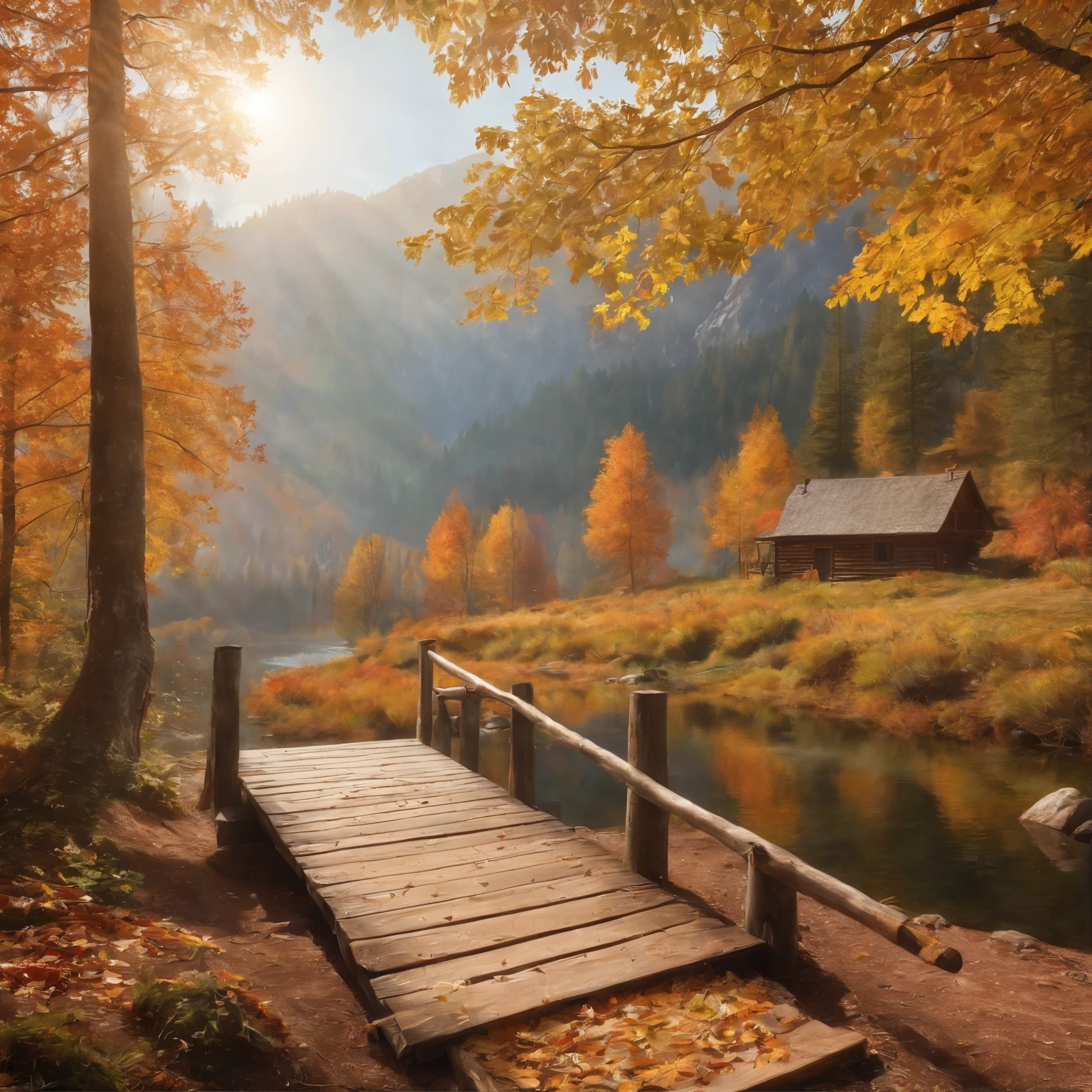 best quality,ultra-detailed,realistic,autumn colors,sunlight,fall foliage,reflection in the lake,trail,hikers,camping,fog,peaceful,serene,calm,calming,ethereal,crisp air,tranquil,serene,sun rays through the trees,colorful leaves,rustic cabin,wooden bridge,adventure,nature,scenic,beautiful,vector illustration,painterly,photorealistic,Autumn landscape art
(Highest image quality,ultra - detailed,realisticlying,fall colors,rays of sunshine,fall leaves,Lakes and mountains,trail,Hikers,bivouac,fog atmosphere,Peaceful,Calm,Peaceful,Reassuring,Fresh air,Peaceful,Peaceful,The sun shines on the trees,Colorful leaves,country cabin,Wooden bridge,adventuring,great outdoors,picturesque,big breasts beautiful,vector illustrations,painting-like,Photorealistic autumn scene art)