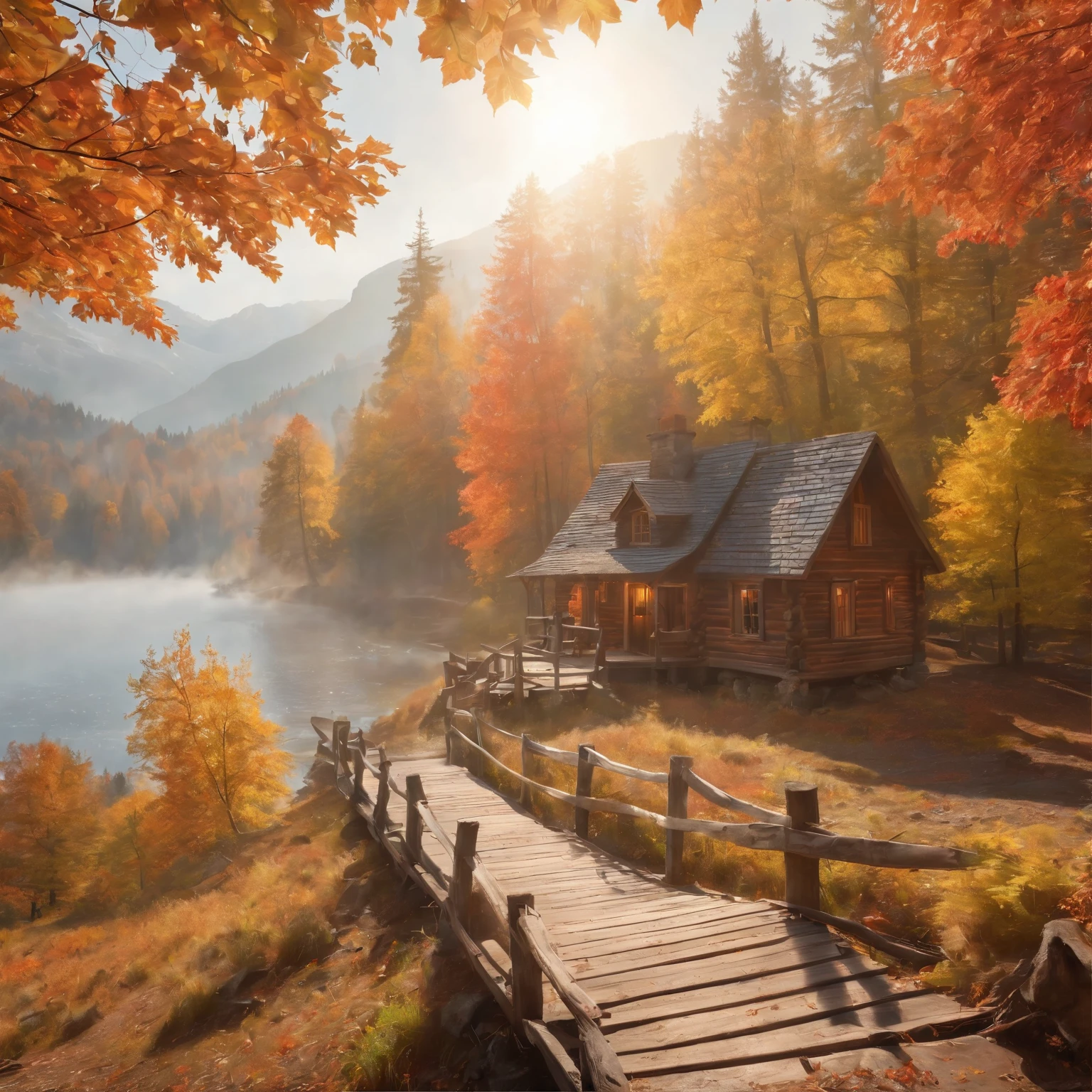 best quality,ultra-detailed,realistic,autumn colors,sunlight,fall foliage,reflection in the lake,trail,hikers,camping,fog,peaceful,serene,calm,calming,ethereal,crisp air,tranquil,serene,sun rays through the trees,colorful leaves,rustic cabin,wooden bridge,adventure,nature,scenic,beautiful,vector illustration,painterly,photorealistic,Autumn landscape art
    
（Highest image quality，ultra - detailed，realisticlying，fall colors，rays of sunshine，fall leaves，Lakes and mountains，trail，Hikers，bivouac，fog atmosphere，Peaceful，Calm，Peaceful，Reassuring，Fresh air，Peaceful，Peaceful，The sun shines on the trees，Colorful leaves，country cabin，Wooden bridge，adventuring，great outdoors，picturesque，big breasts beautiful，vector illustrations，painting-like，Photorealistic autumn scene art）