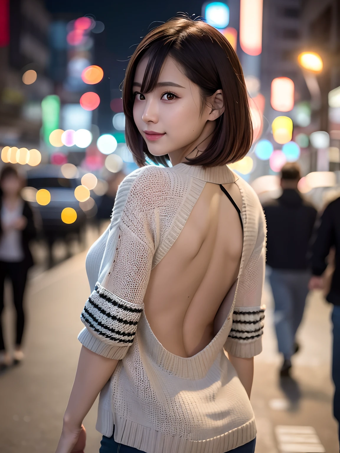 Look from behind,Backless sweater,Product quality, 1 girl,a Japanese young pretty girl, Long Bob hair, Walk on crowded sidewalks at night,With a big smile on his face, Beautiful sunset,、 hyper cute face, Glossy lips, double eyelids for both eyes, Natural makeup, Shiny smooth light brown hair,Long Bob hair, Asymmetrical bangs, Tanned skin, central image, 8K resolution, High detail, Detailed hairstyle, Detailed face, Cinematic lighting, Octane rendering, Ultra photo realsisim, Perfect limbs, Perfect anatomy
