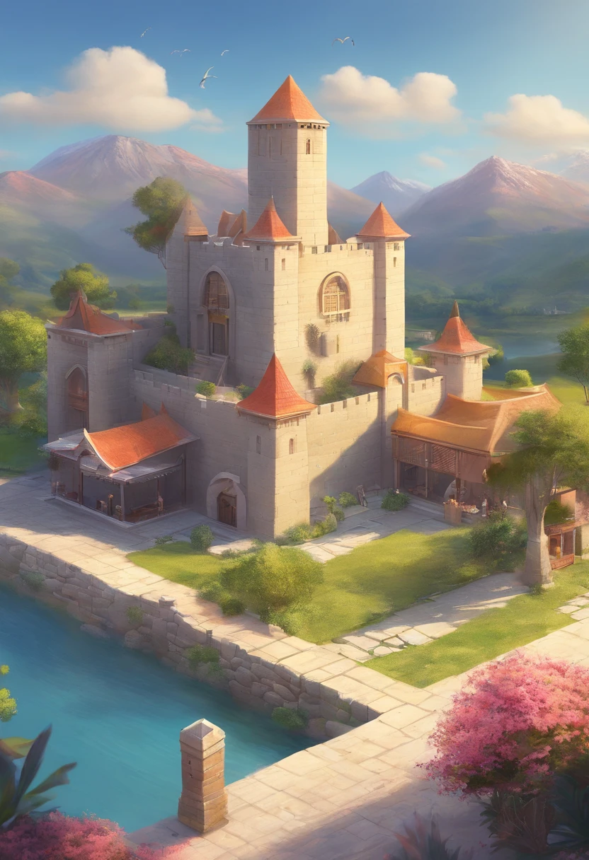 Create an image of a kingdom that combines elements from an ancient Israelite kingdom with Japanese influences and subtle Greek touches. This image should depict an aerial view of the entire kingdom, including traditional houses, a majestic castle, a graceful church, and within the castle complex, make sure to include a separate residence for the king's wives and daughters. Ensure that cultural details from each of these influences are highlighted to create a unique and captivating map. Make it 2D, colorful with light hues."