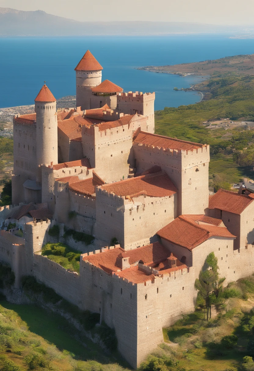 Create an image of a kingdom that combines elements from an ancient Israelite kingdom with Japanese influences and subtle Greek touches. This image should depict an aerial view of the entire kingdom, including traditional houses, a majestic castle, a graceful church, and within the castle complex, make sure to include a separate residence for the king's wives and daughters. Ensure that cultural details from each of these influences are highlighted to create a unique and captivating map. Make it 2D, colorful with light hues."