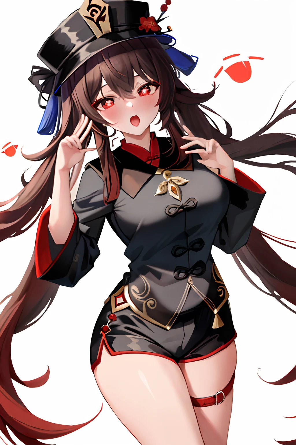 masterpiece, best quality,
1girl, hu tao (genshin impact), boo tao,hat, red eyes, twintails, brown hair, solo, symbol-shaped pupils, long hair,bangs, black shorts , chinese clothes, big boobs, ahegao, sexy, milf, gal