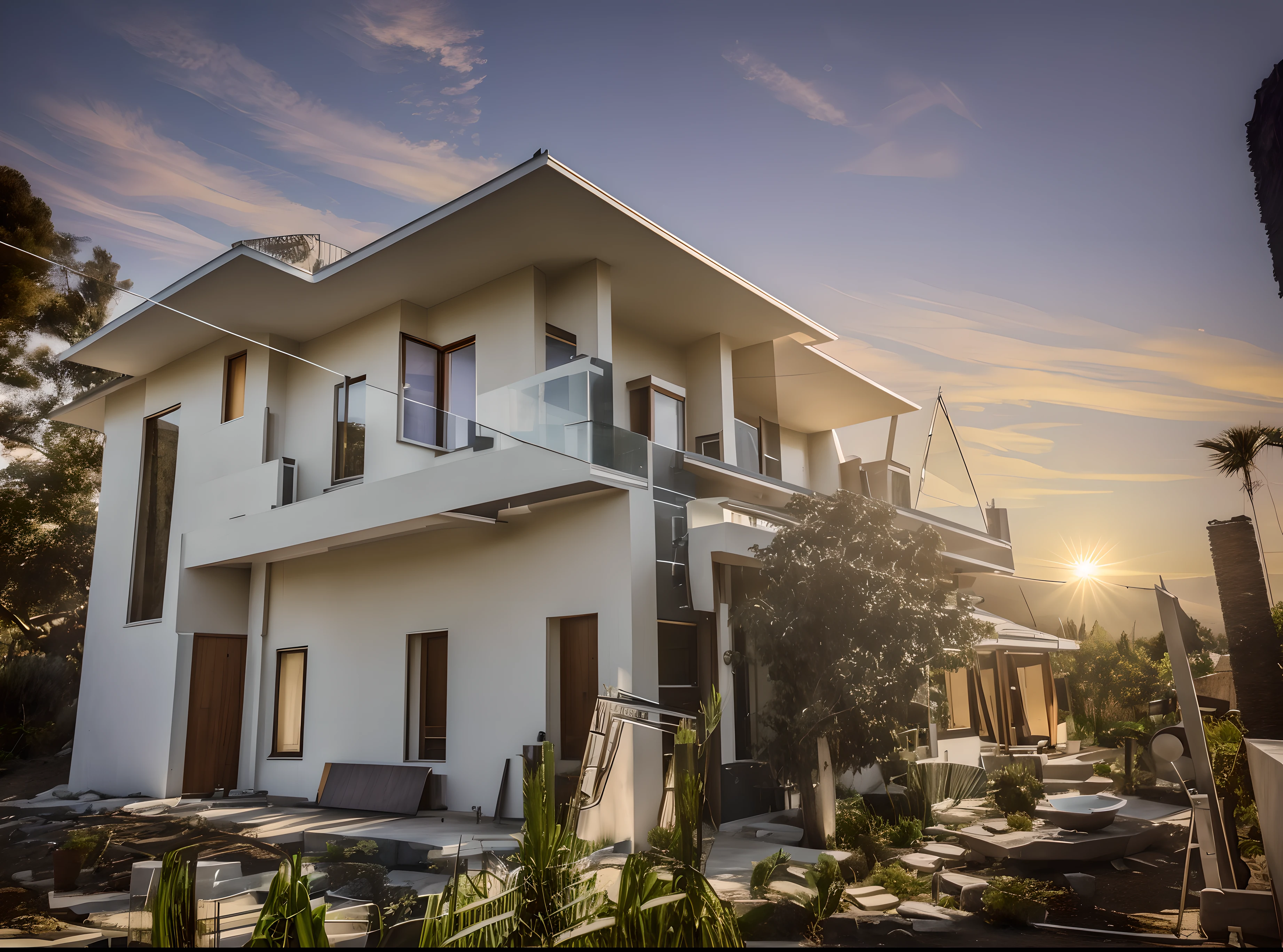 Hyper realistic eye level exterior photo of a mid century modemn
style house overlooking the valley. daylight, indirect lighting
House, wood, Chile, Sunset